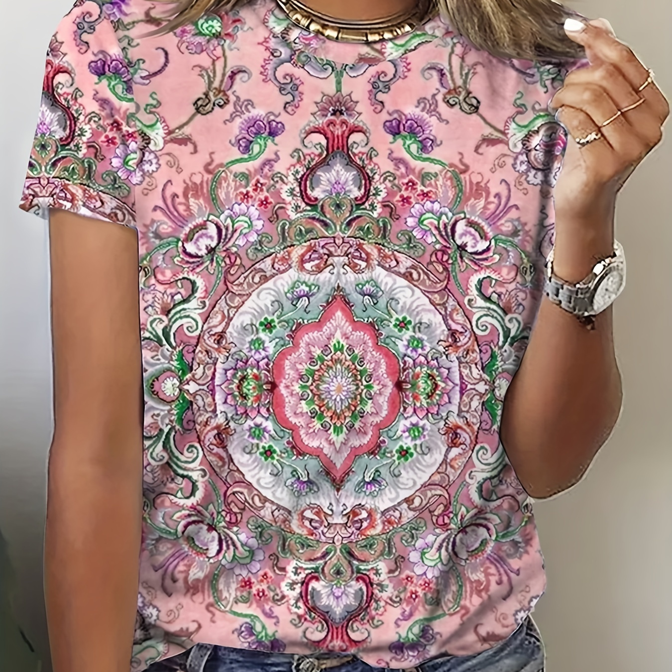 

Plus Size Boho Top, Women's Plus Floral Print Short Sleeve Round Neck Medium Stretch T-shirt