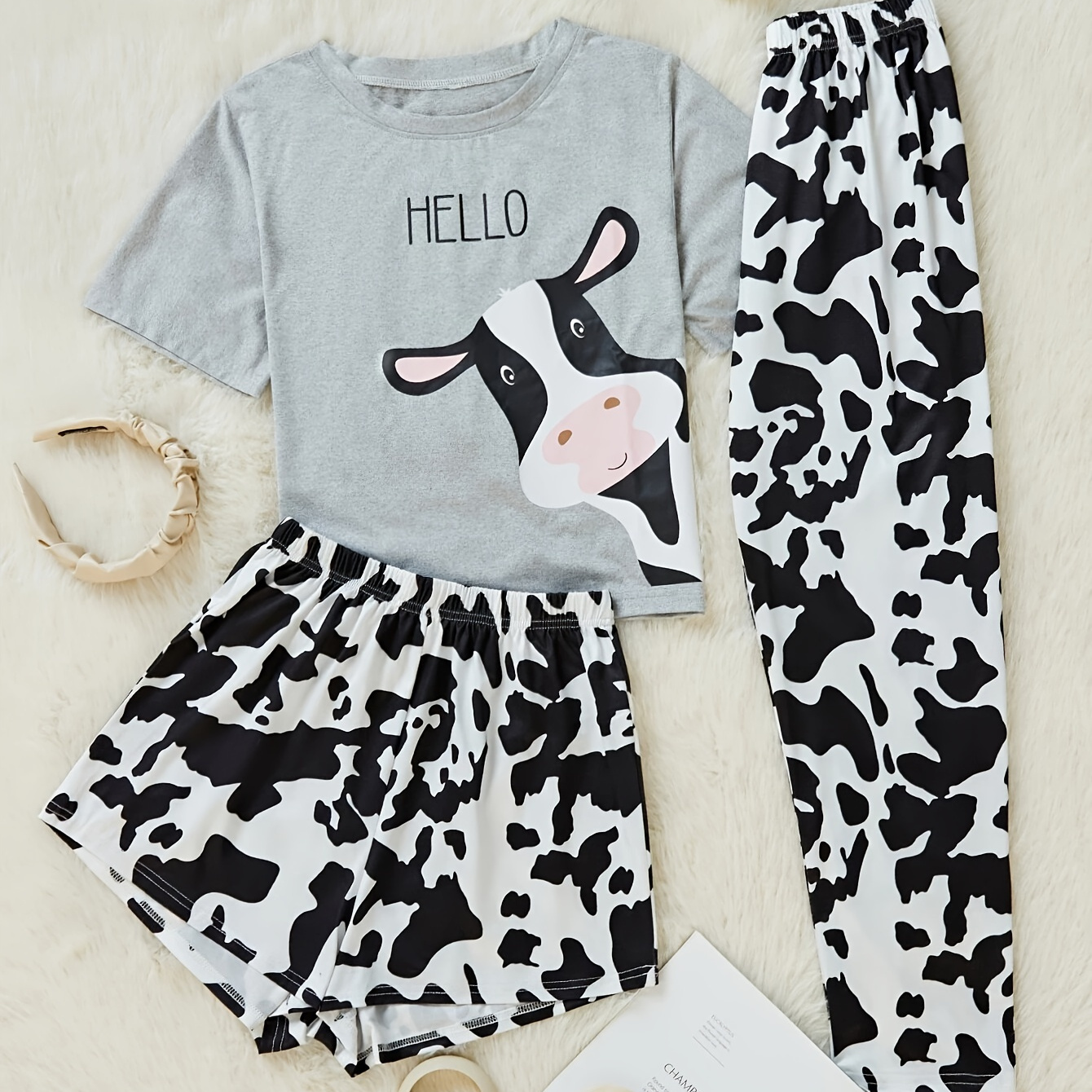 

Women's Cute Cow Print Pajama Set, Short Sleeve Round Neck Top & Shorts & Pants, Comfortable Relaxed Fit