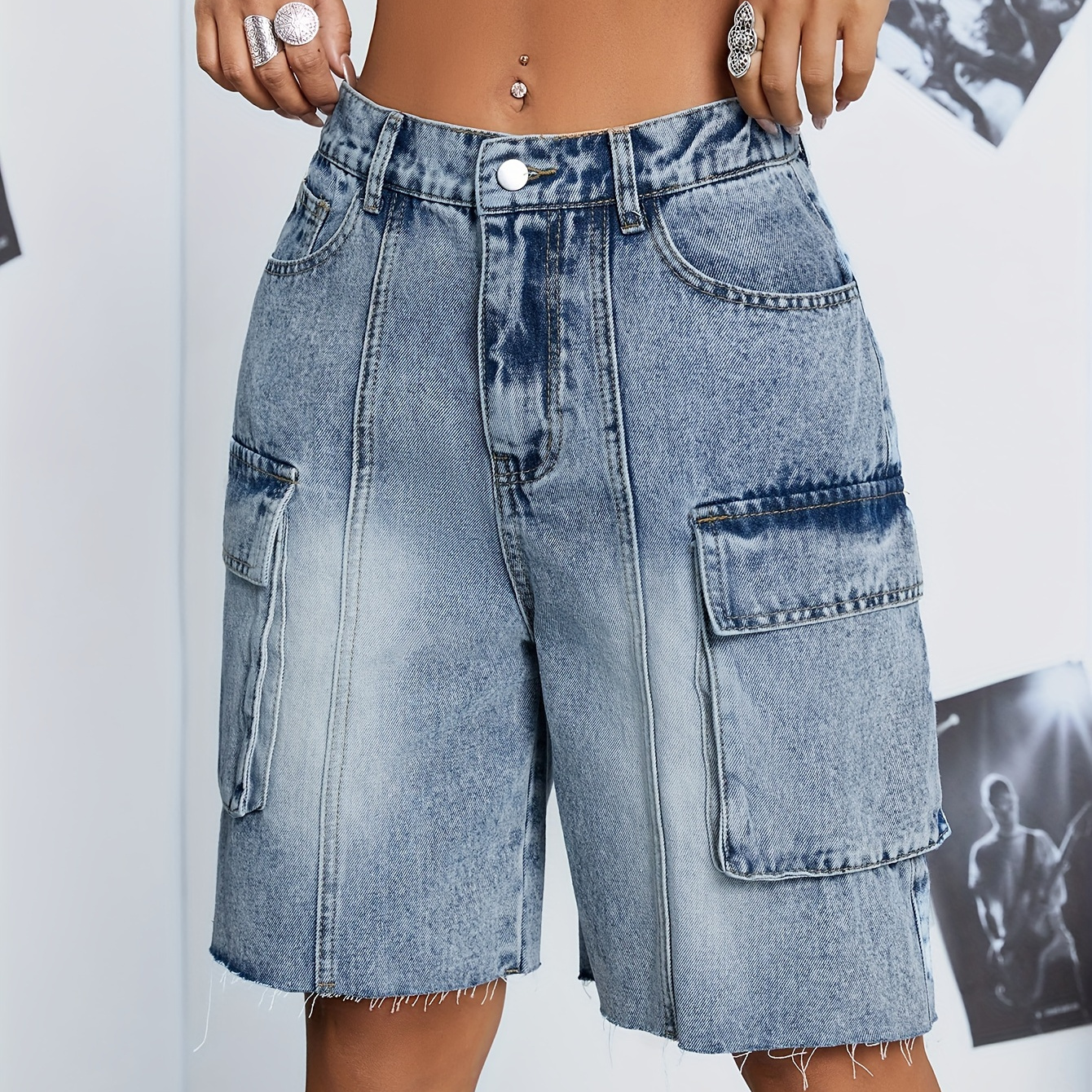

Women's Bermuda Denim Shorts, High-waisted With Zipper Button Closure Elastic Waistband, Street Style, Casual Pockets, Frayed Hem, Summer Fashion Jorts