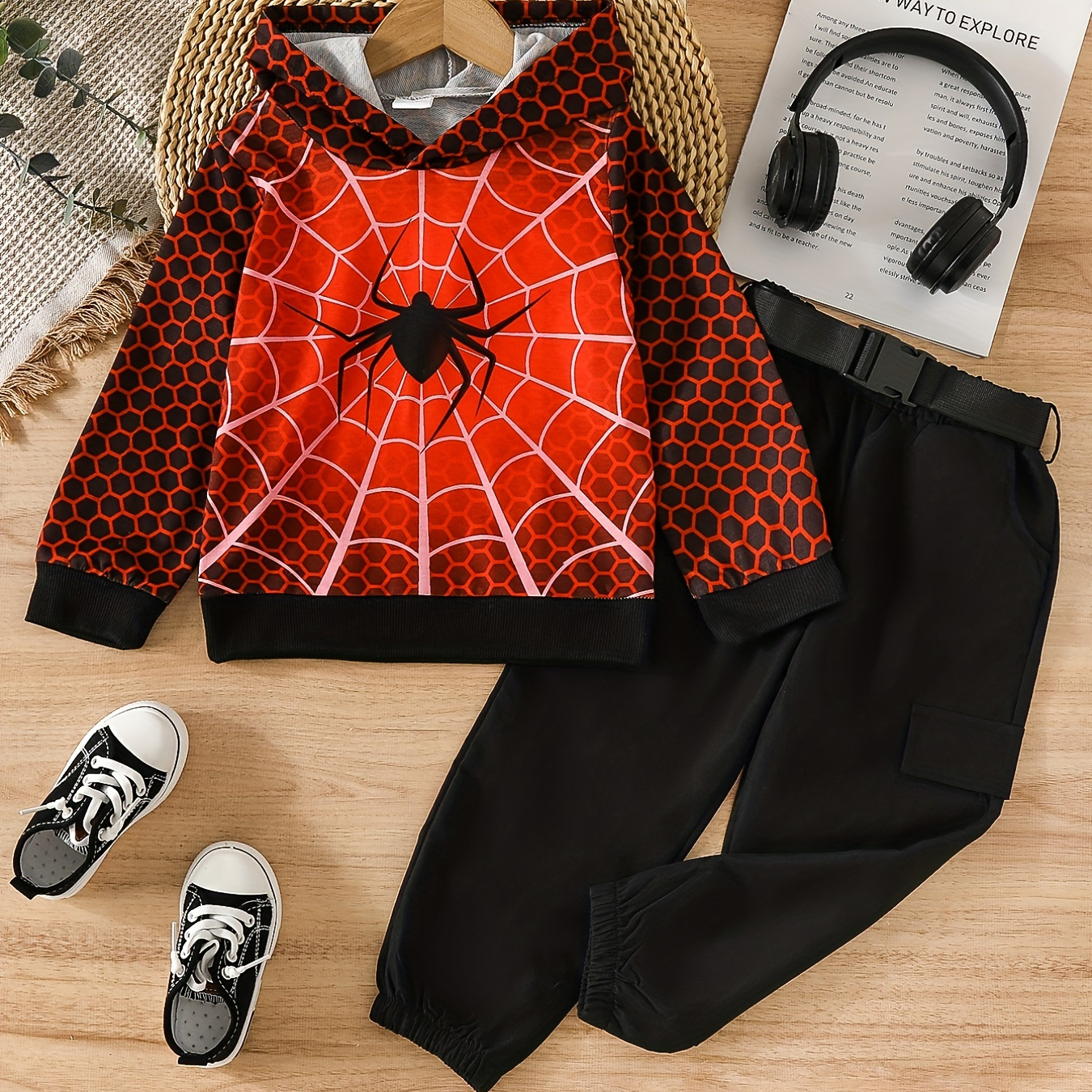 

Spider Pattern Toddler Boy's 2pcs, Hoodie & Sweatpants Set, Halloween Style Casual Outfits, Kids Clothes For Spring Fall Winter