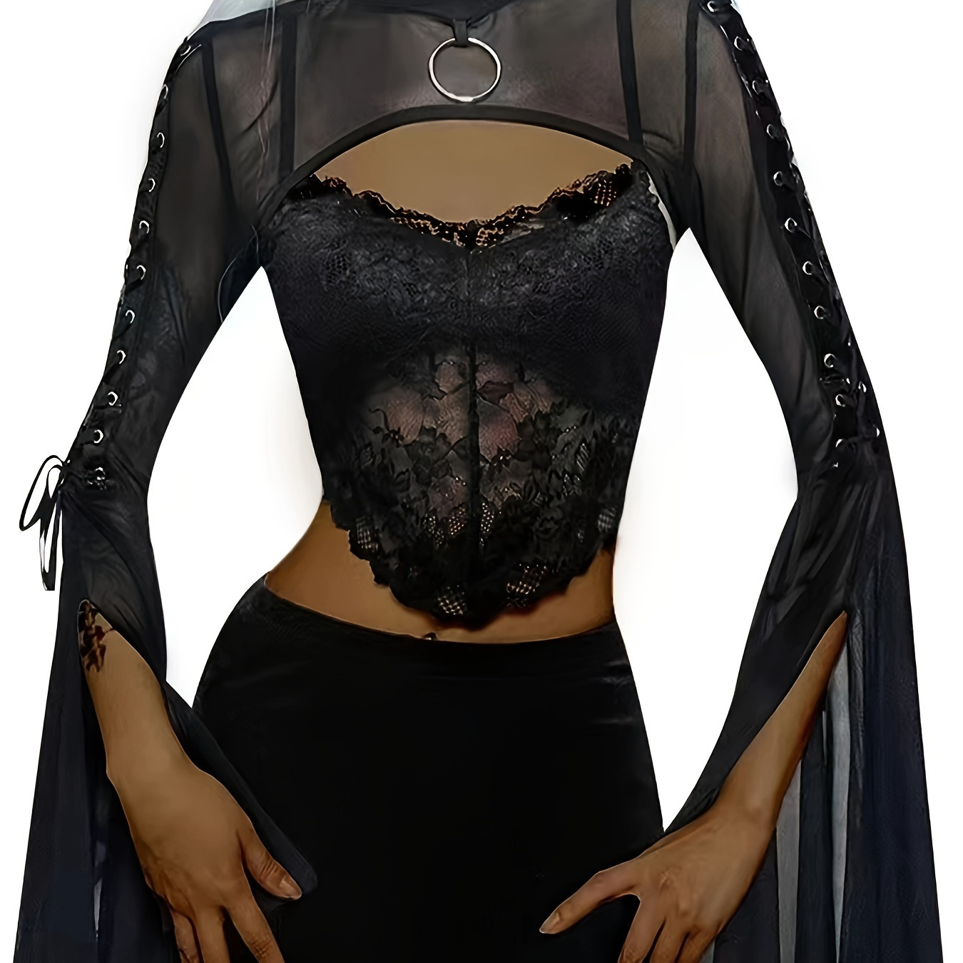 

Elegant Gothic-inspired Sheer Mesh Blouse With High Neckline And Double-sided Tie Cape Sleeves - Long Bell Sleeves, Lace Detailing, Halloween And Themed Parties - Women's Polyester & Elastane