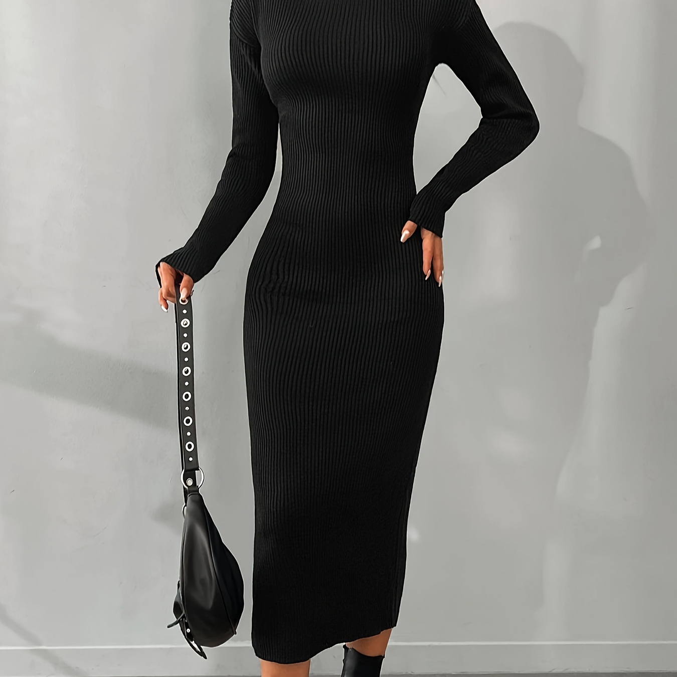 

Slim Knitted Dress, Elegant Long Sleeve Midi Dress For Fall & Winter, Women's Clothing