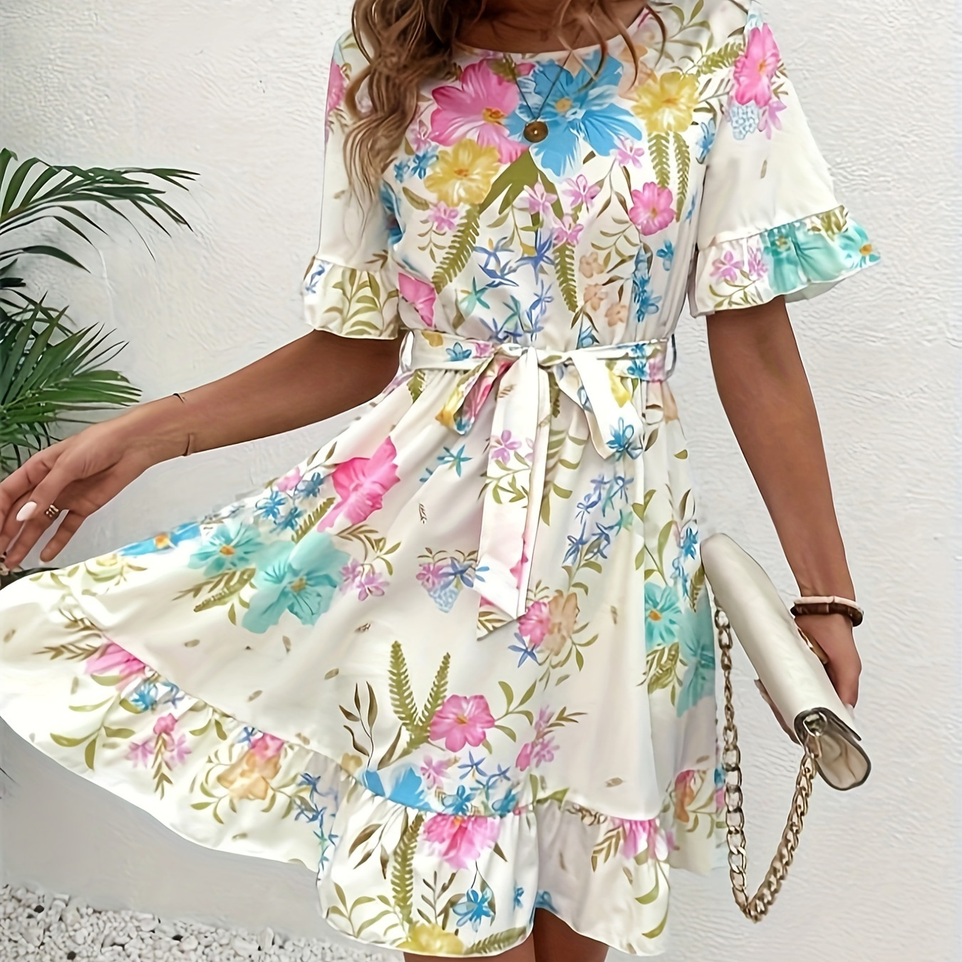 

Floral Print Belted Crew Neck Dress, Elegant Short Sleeve Dress For Spring & Summer, Women's Clothing
