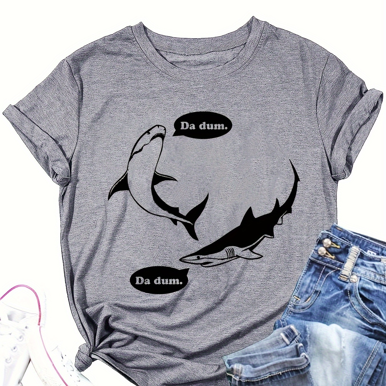 

Shark Print Crew Neck T-shirt, Casual Short Sleeve Top For Spring & Summer, Women's Clothing