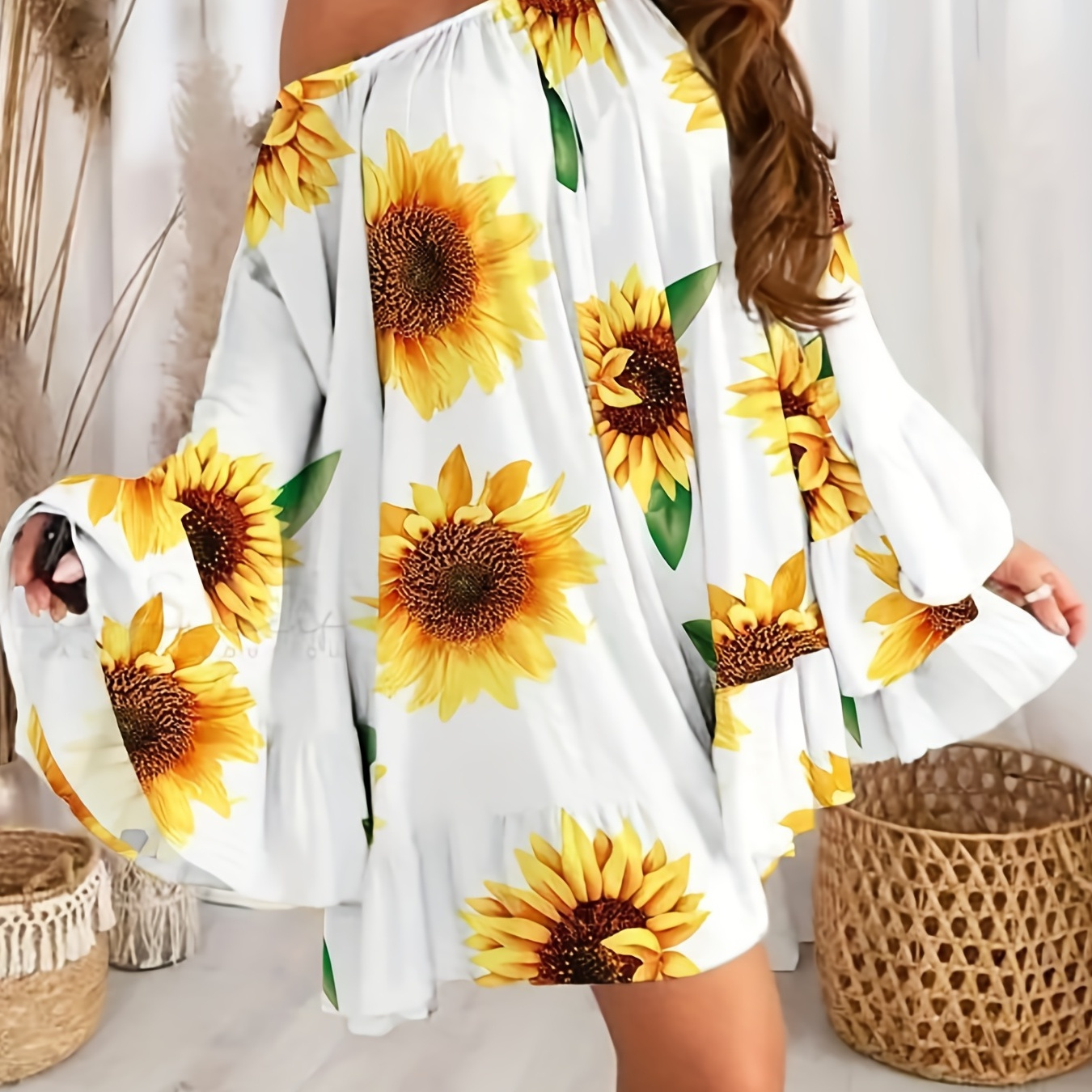 

Plus Size Casual Dress, Women's Plus Sunflower Print Bell Sleeve 1 Shoulder Slash Neck Ruffle Trim Pleated Dress