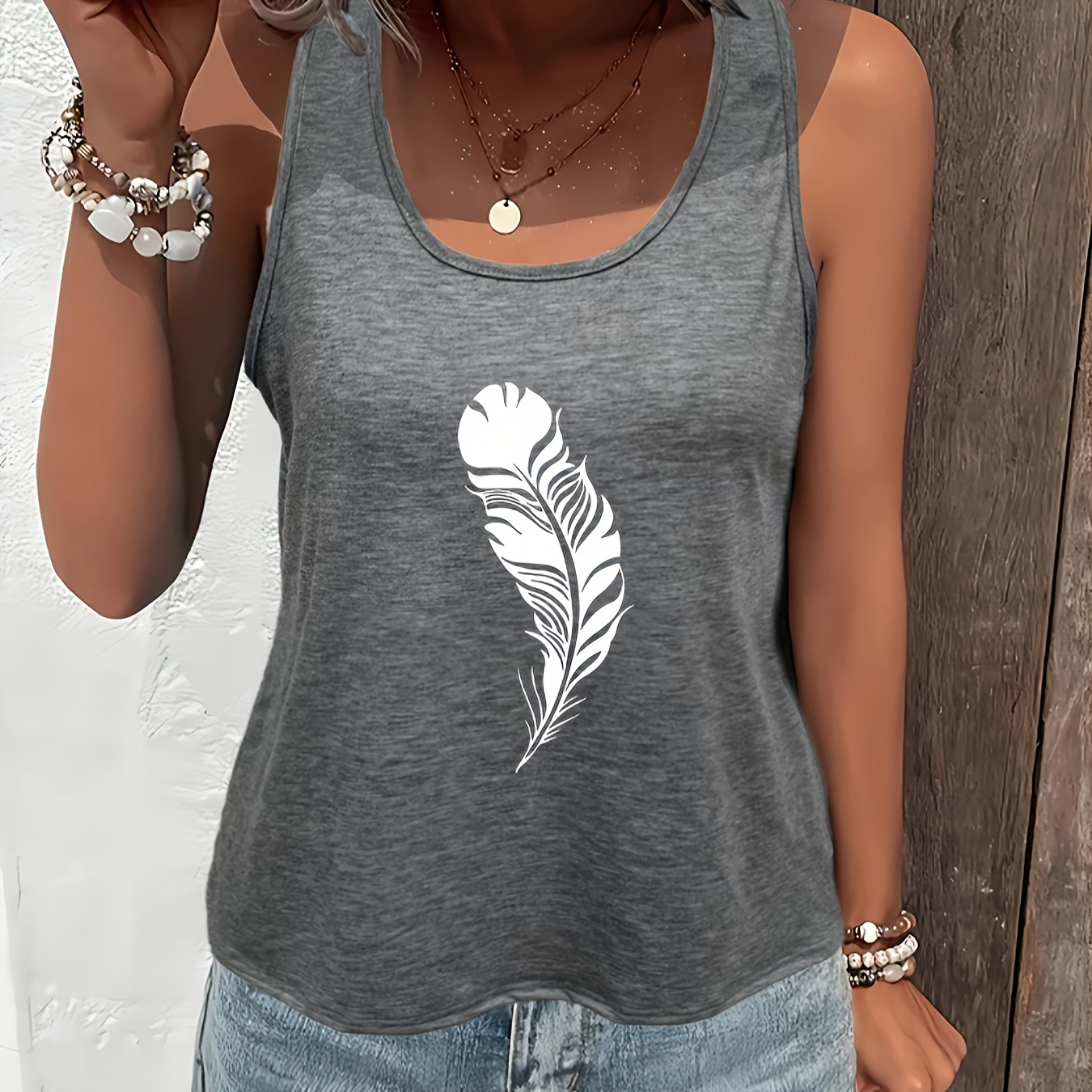 

Feather Print Crew Neck Tank Top, Casual Sleeveless Top For Spring & Summer, Women's Clothing