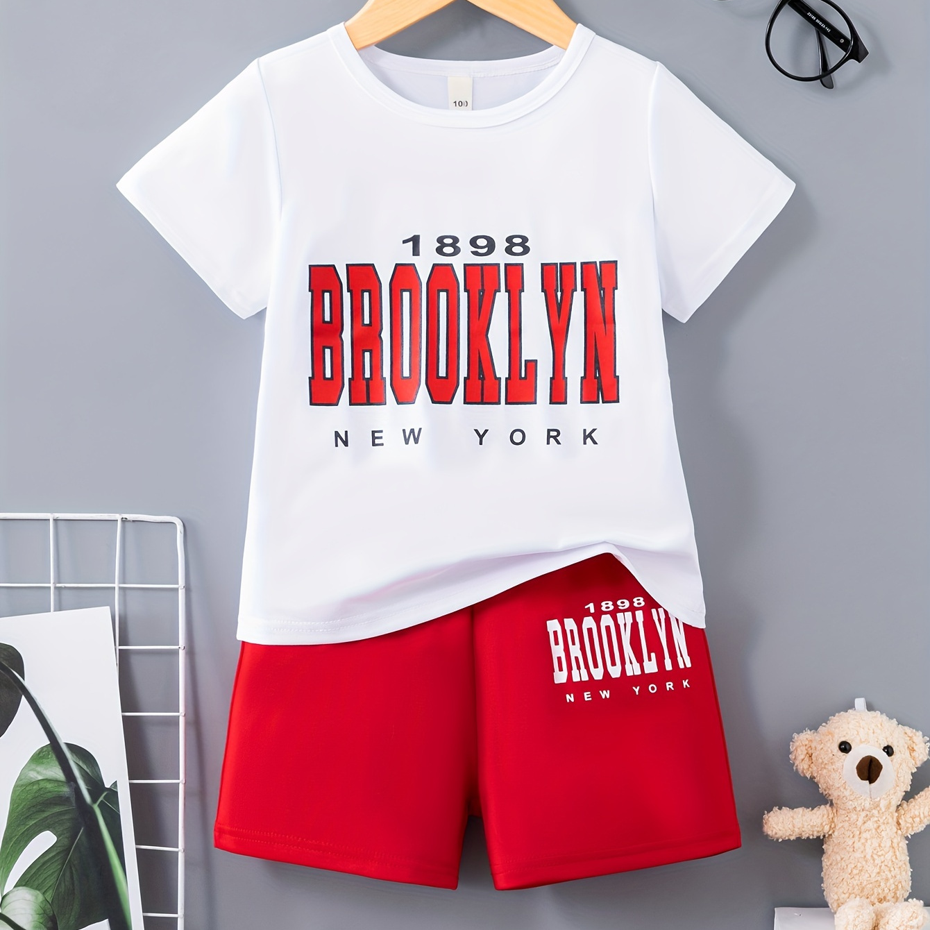

2pcs Boys Casual Brooklyn Letter Graphic Print Short Sleeve T-shirt & Shorts Set, Comfy Summer Boys Clothes
