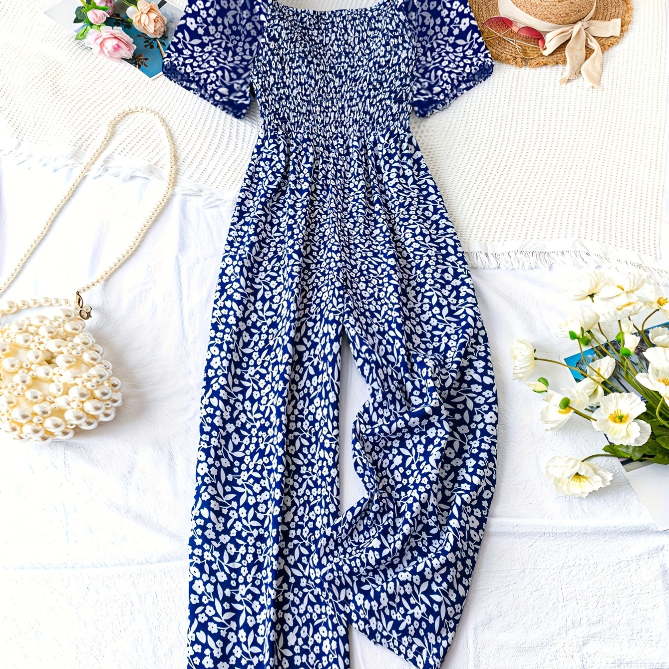 

Plus Size Floral Print Jumpsuit, Vacation Casual Short Sleeve Jumpsuit For Spring & Summer, Women's Plus Size Clothing