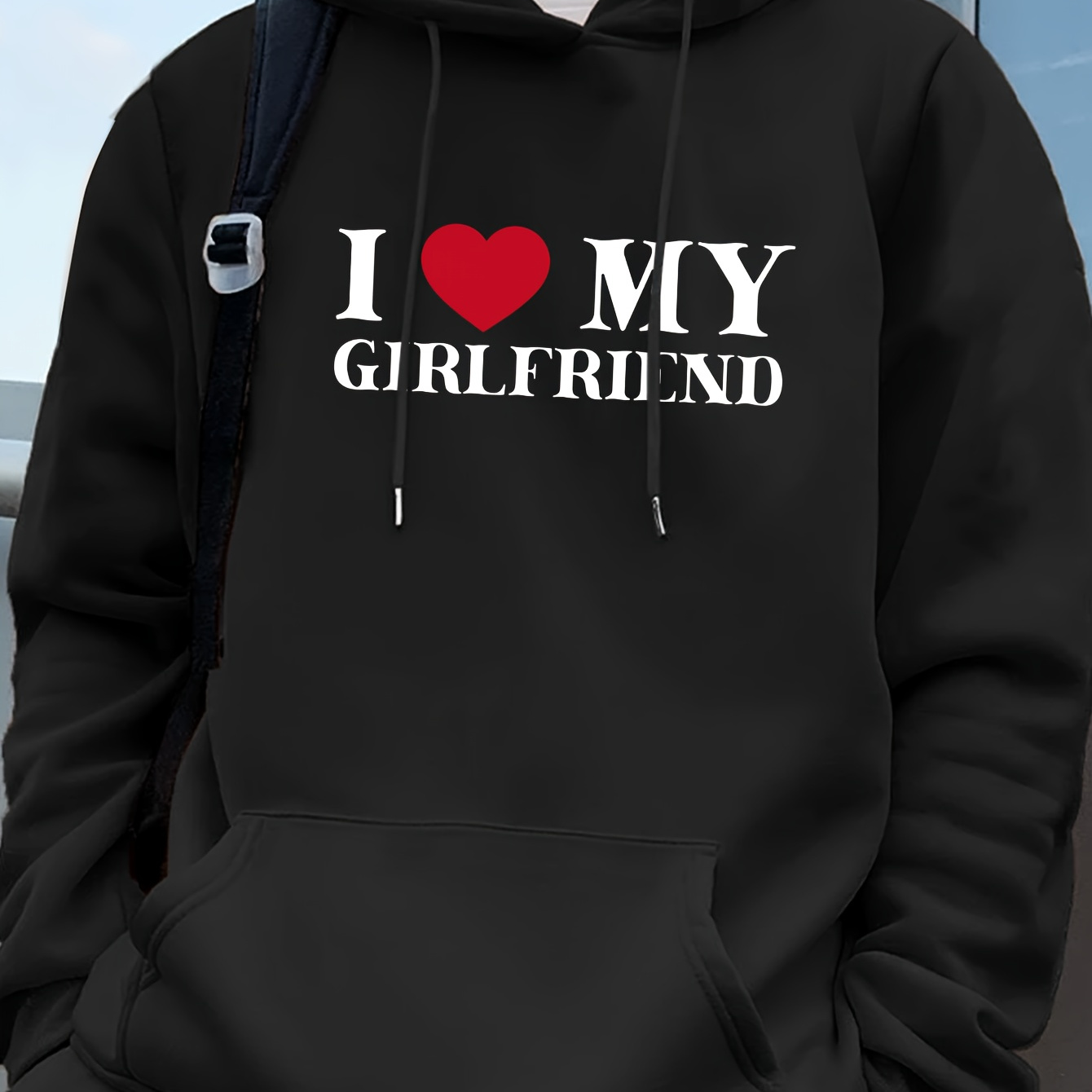 

i Love My Girlfriend" Print Kangaroo Pocket Hoodie, Casual Long Sleeve Hoodies Pullover Sweatshirt, Men's Clothing, For Fall Winter