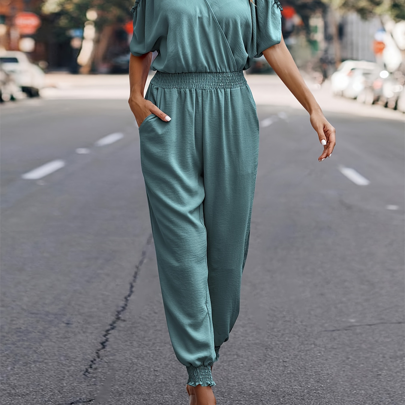 

Solid Color Surplice Neck Jumpsuit, Casual Cold Shoulder Short Sleeve Jumpsuit For Spring & Summer, Women's Clothing