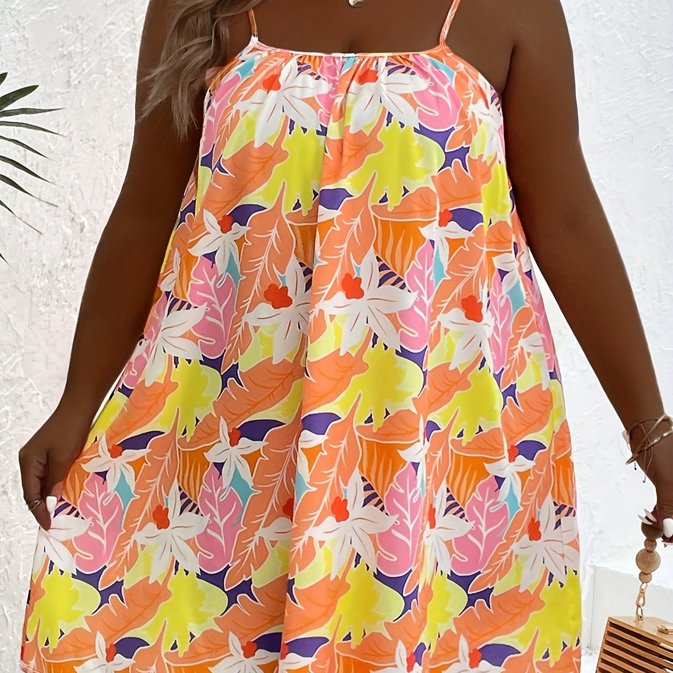 

Plus Size Tropical Print Cami Dress, Vacation Style Spaghetti Strap Dress For Spring & Summer, Women's Plus Size Clothing