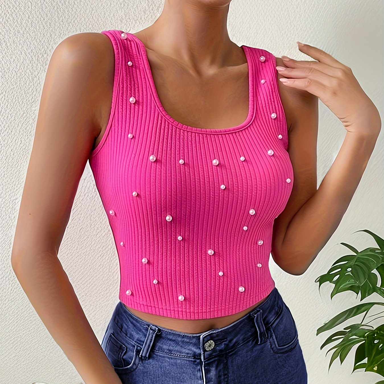 

Solid Beaded Square Neck Tank Top, Casual Sleeveless Tank Top For Summer, Women's Clothing