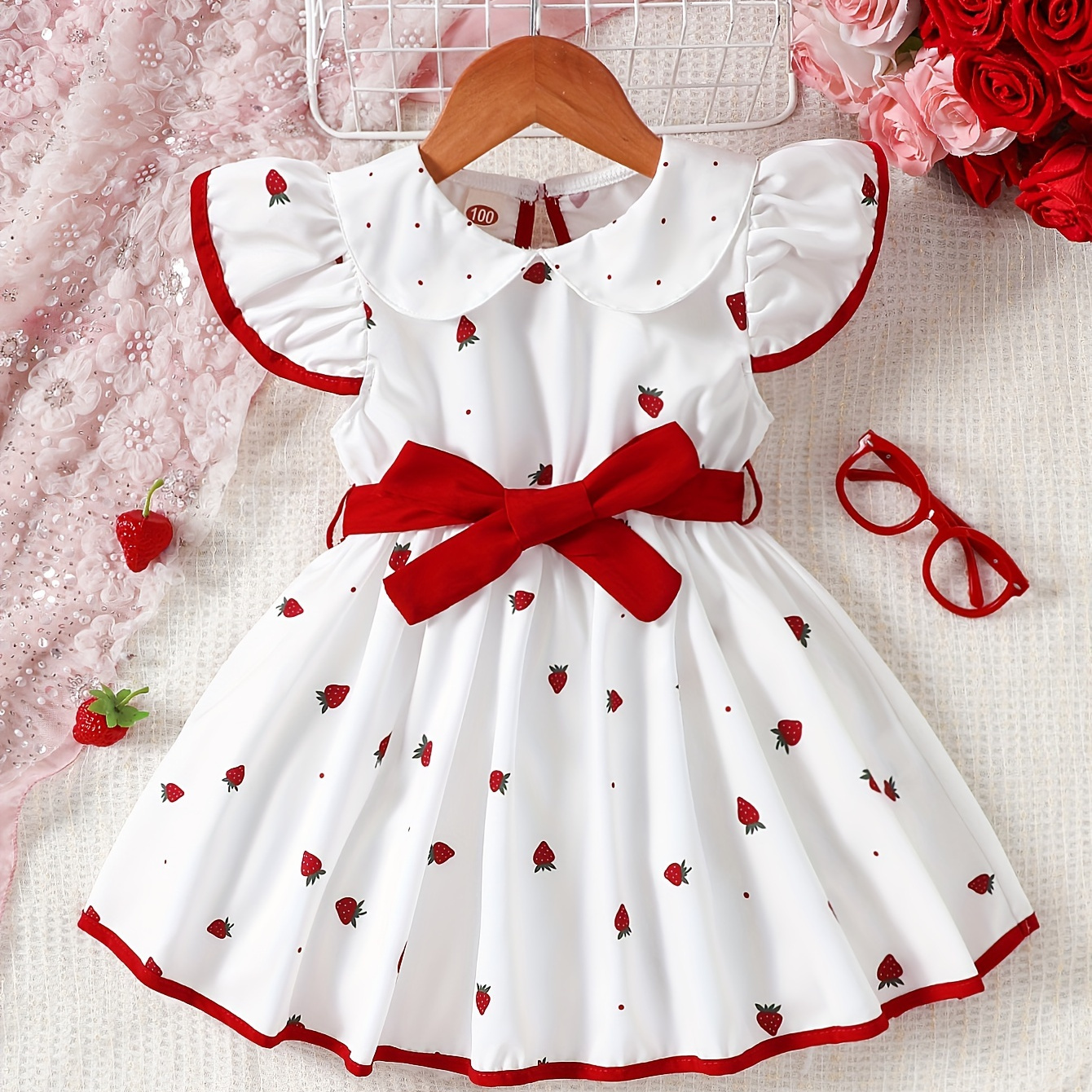 

Baby's Casual Cute Collar Strawberry Pattern Cap Sleeve Dress, Infant & Toddler Girl's Dress For Daily Wear/holiday/party, As Gift