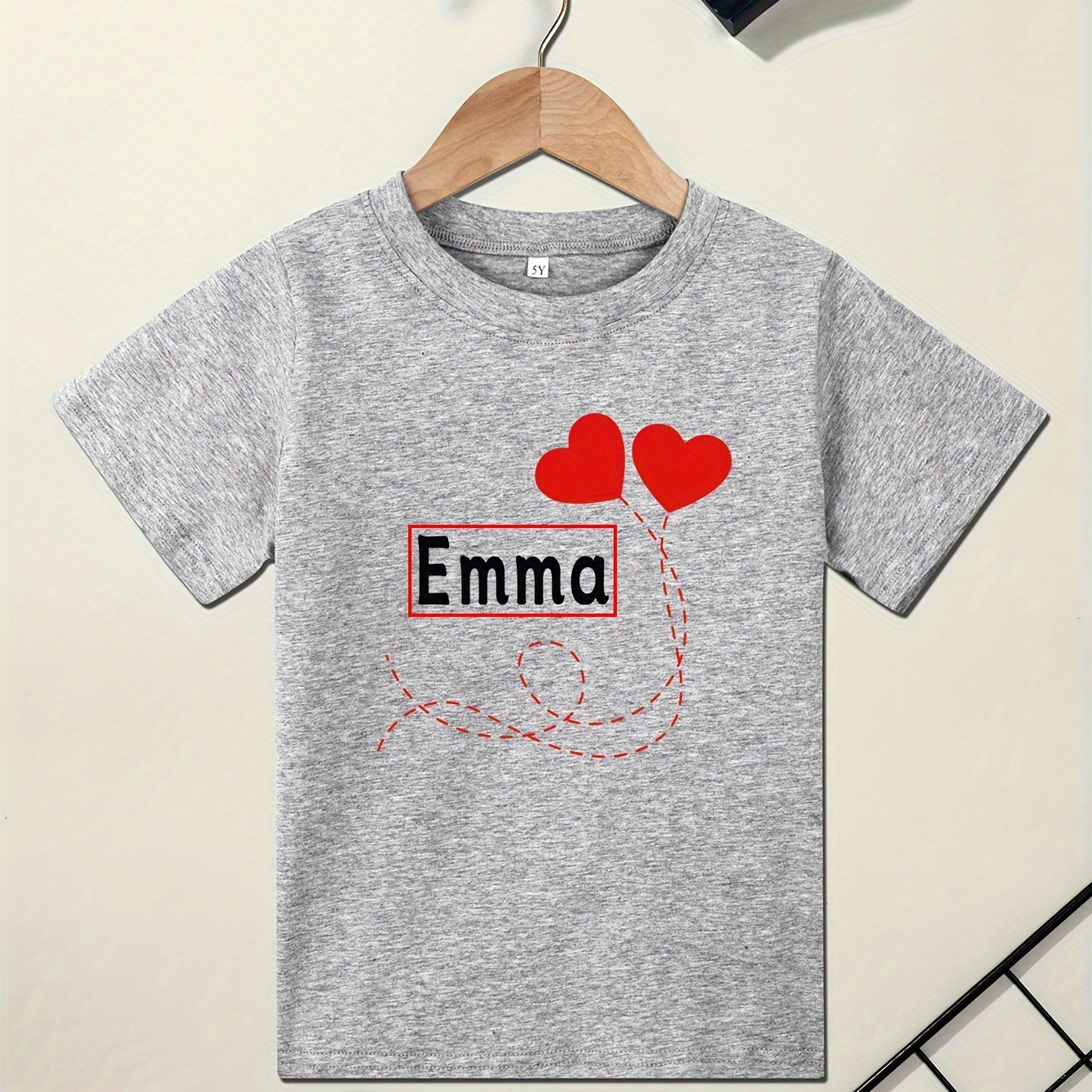 

Girls' Custom Heart-shaped Balloons Graphic Print Tee, Casual & Comfy Crew Neck Short Sleeve T-shirt For Spring & Summer, Girls' Personalized Clothes