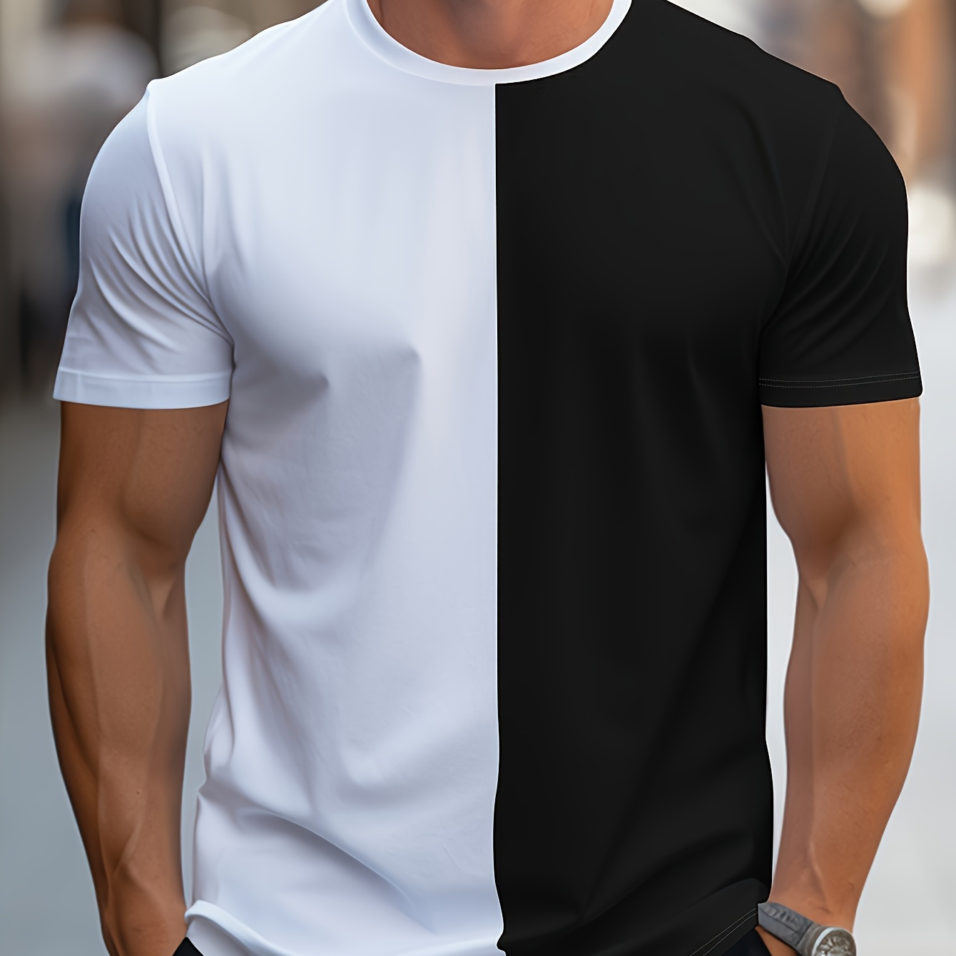 

Men's Fashion Casual Crew Neck Short Sleeve T-shirt, Polyester Blend, Slight Stretch, Solid Color, Summer, Regular Fit, Knit Fabric, 180g/m², With Embellished Graphic For Adult