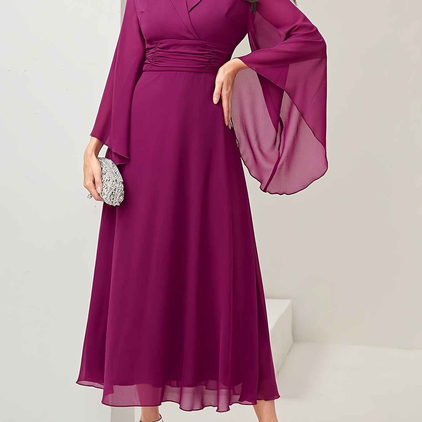 

Surplice Neck Ankle Length Dress, Elegant Flare Sleeve Dress For Spring & Fall, Women's Clothing