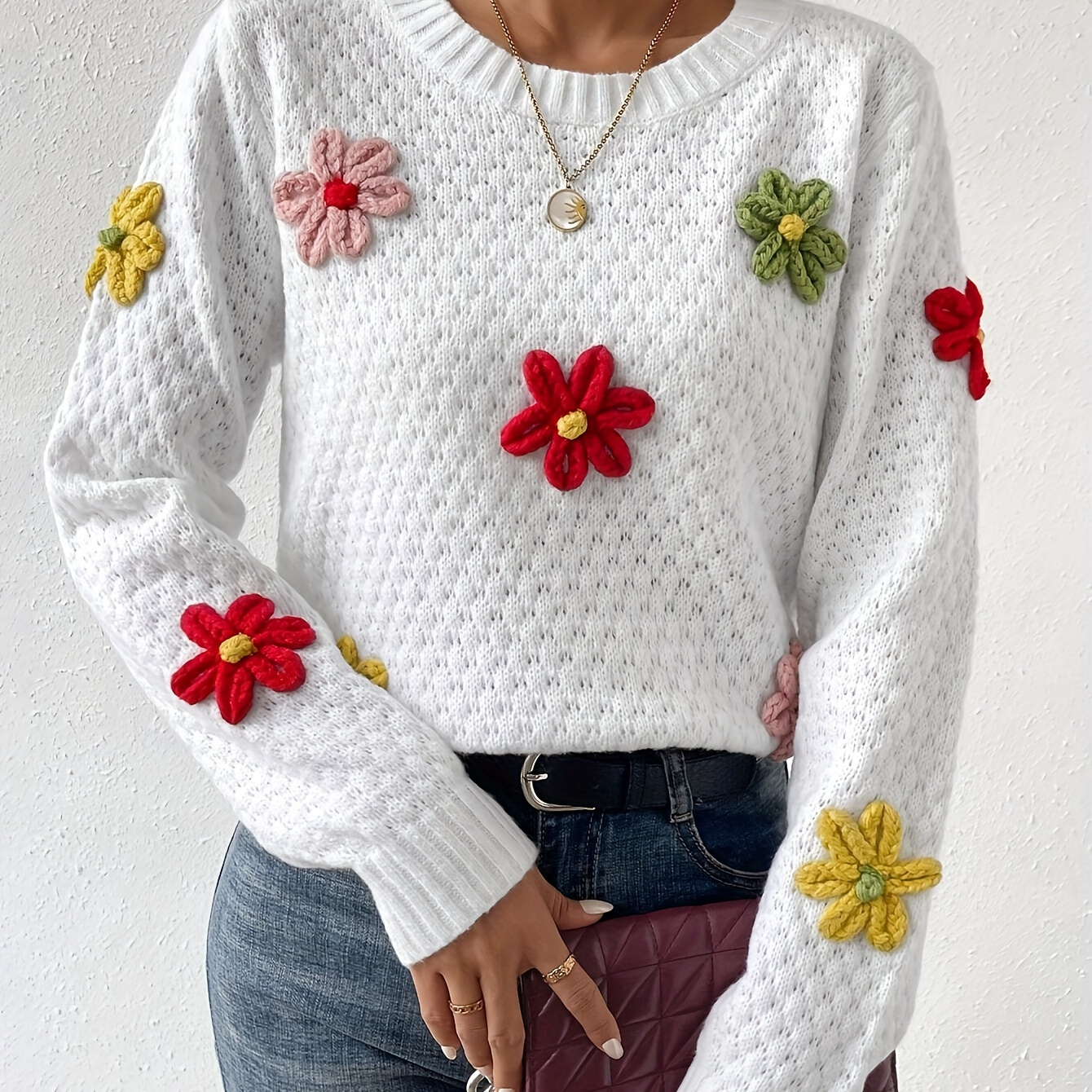 

Pull à col rond à motif floral, élégant pull à manches longues pour et l'hiver, vêtements pour femmes