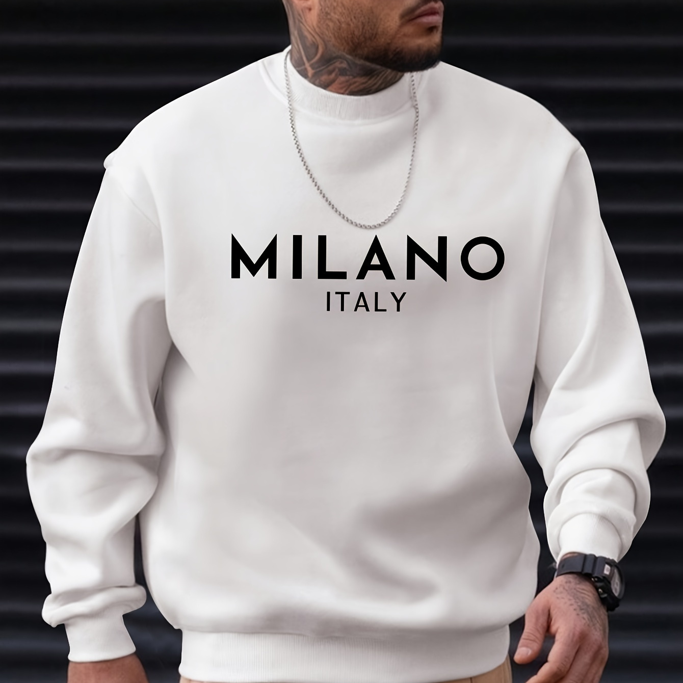 

Milano Italy Print Men's Long Sleeve Crew Neck Sweatshirt, Trendy Pullover Sweatshirt, Casual Comfortable Versatile Top For Spring & Autumn, Outdoor Sports
