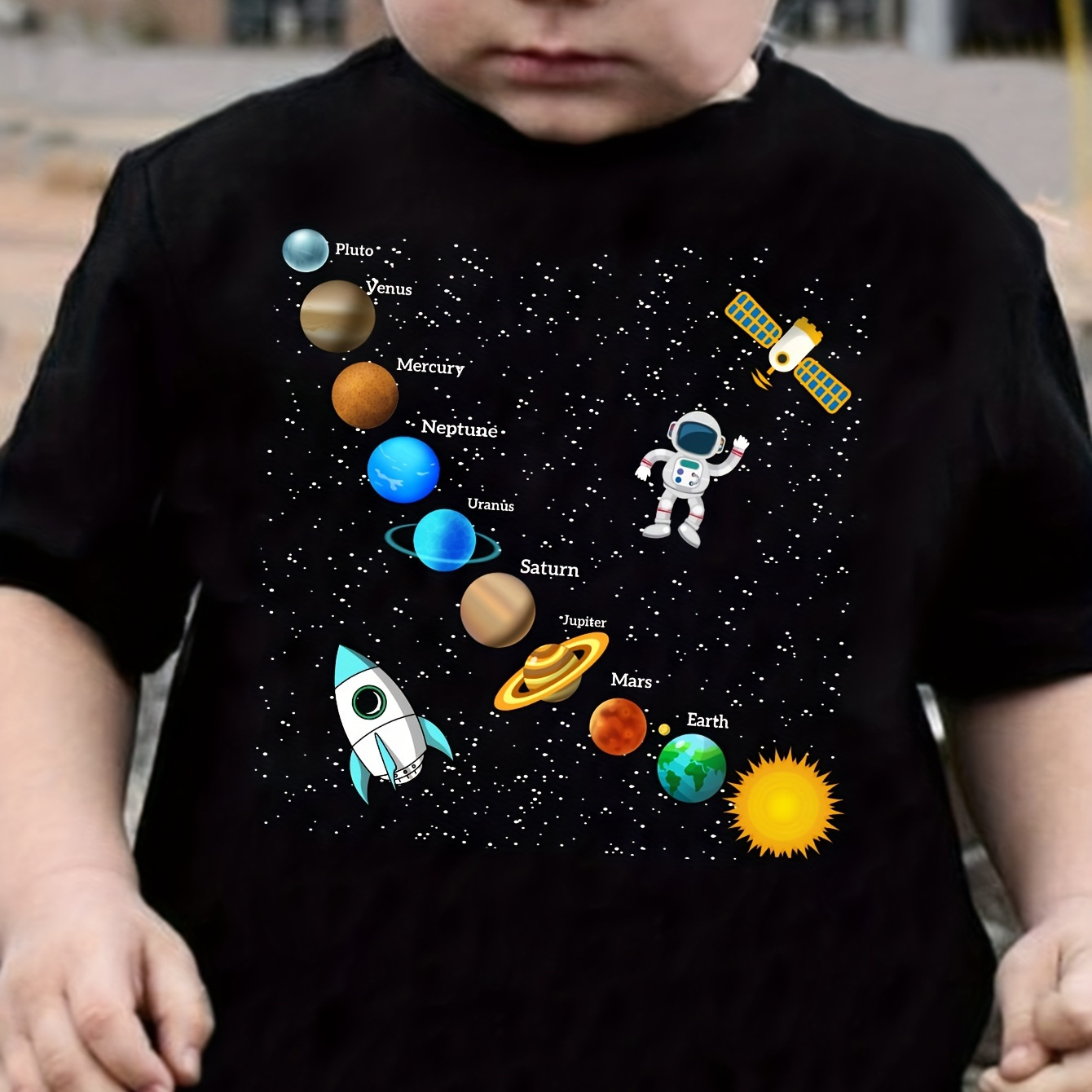 

Casual Trendy Boys' Summer Top - Cartoon Astronaut & Solar System Planet Graphic Short Sleeve Crew Neck T-shirt - Street Outing Tee Tops Gift