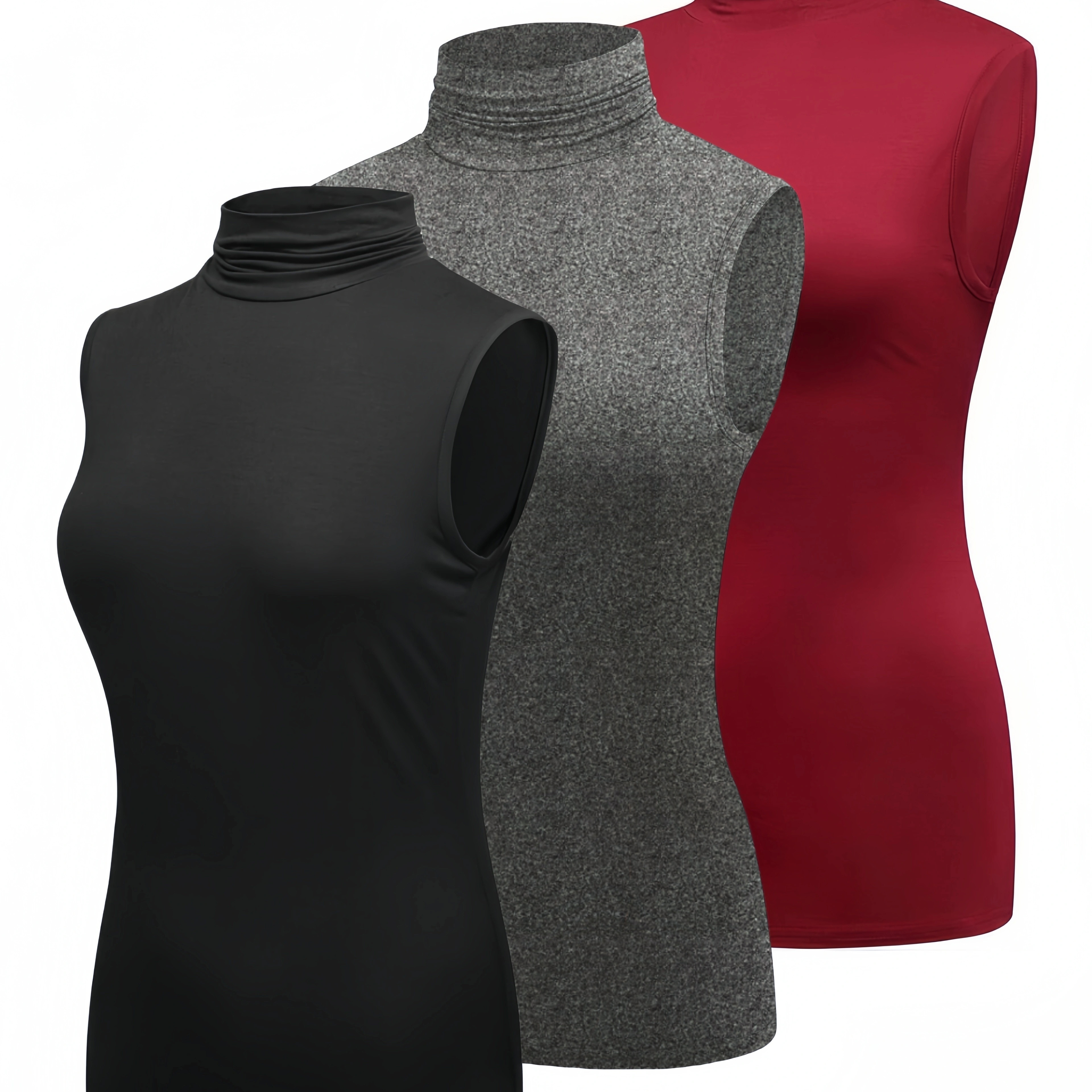 

3-pack Women's High Neck Turtleneck Tank Tops, Casual Sleeveless Knit Polyester Vests, Solid Color Slim Fit For Spring/summer/fall