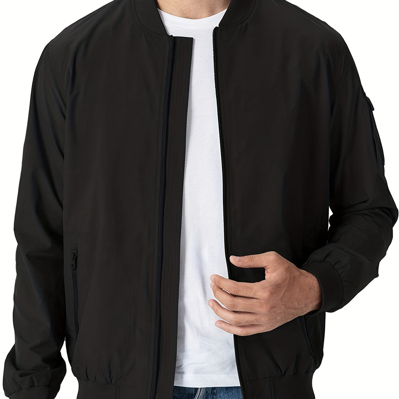 Plus Size Mens Windproof Bomber Jacket, Loose Oversize Solid Color Zipper Jacket Coat, Lightweight For Outdoor Sports