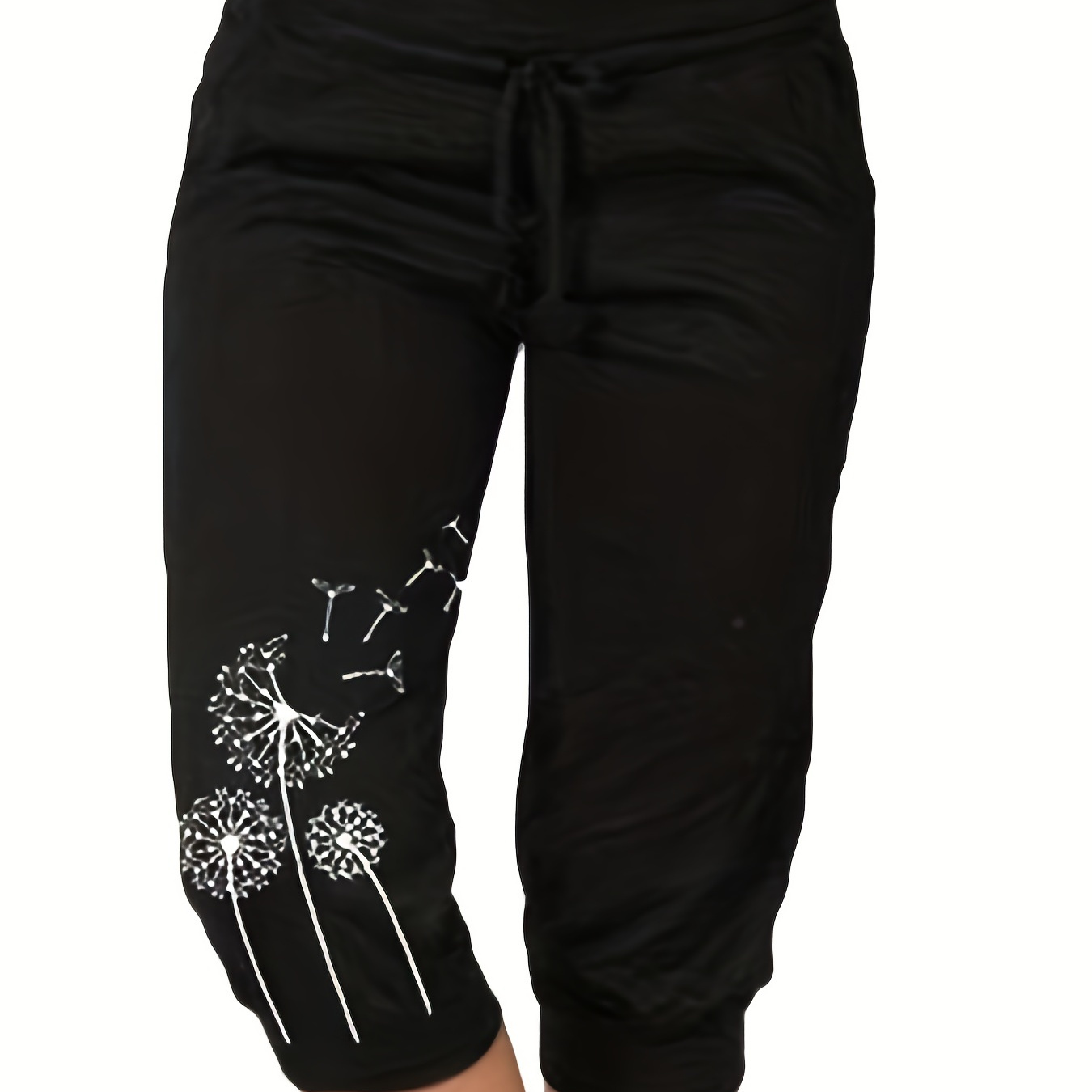 

Dandelion Print Capri Pants, Casual Drawstring Cropped Pants, Women's Clothing