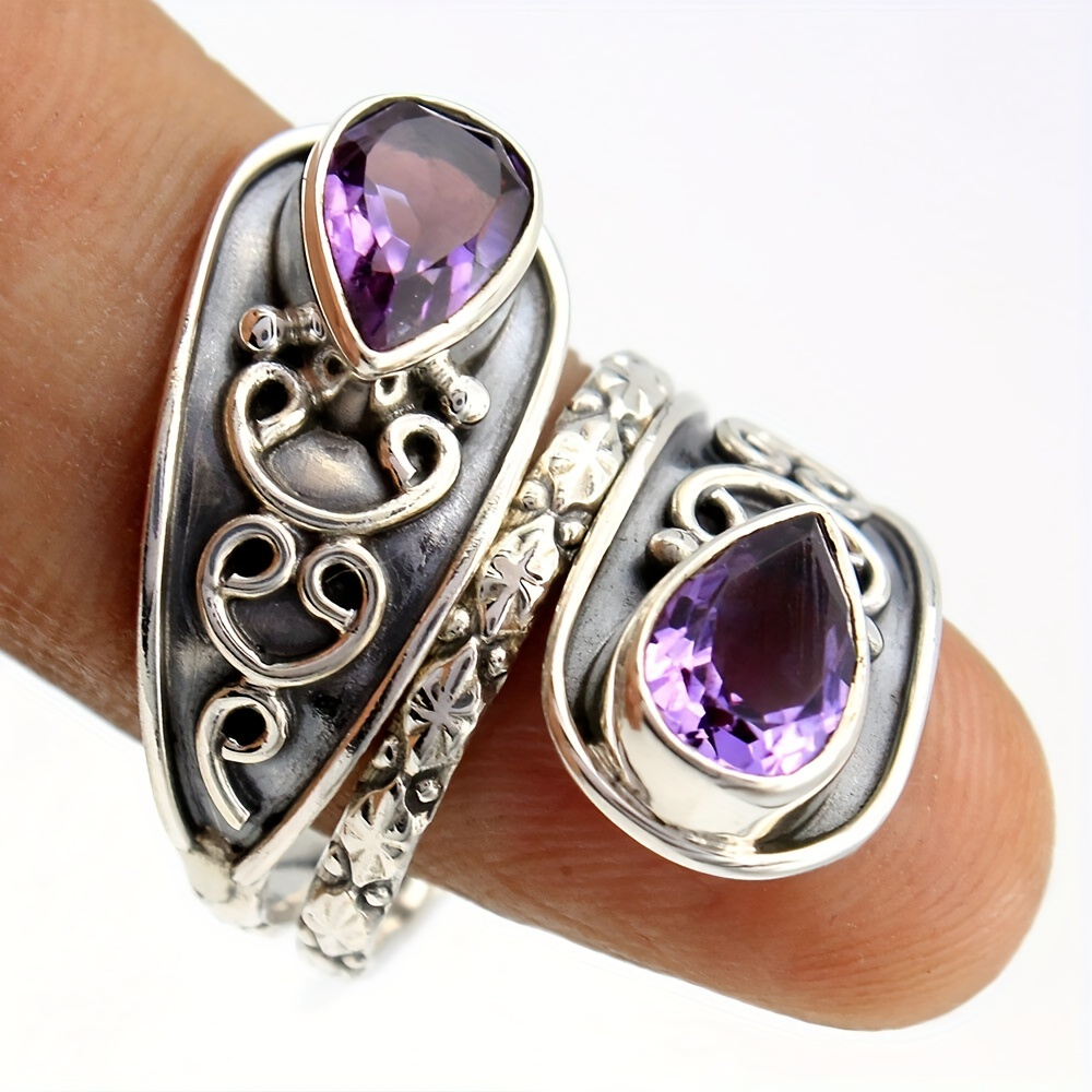 

Vintage Faux Amethyst Ring Ancient Silver Color Nepal Crystal Hand Jewelry Gift