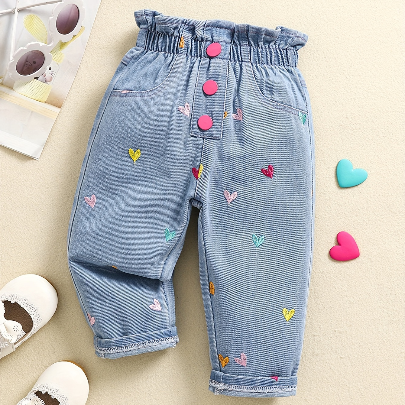 

Baby's Heart Embroidery Denim Pants, Button Decor Waist Jeans, Toddler & Infant Girl's Clothing