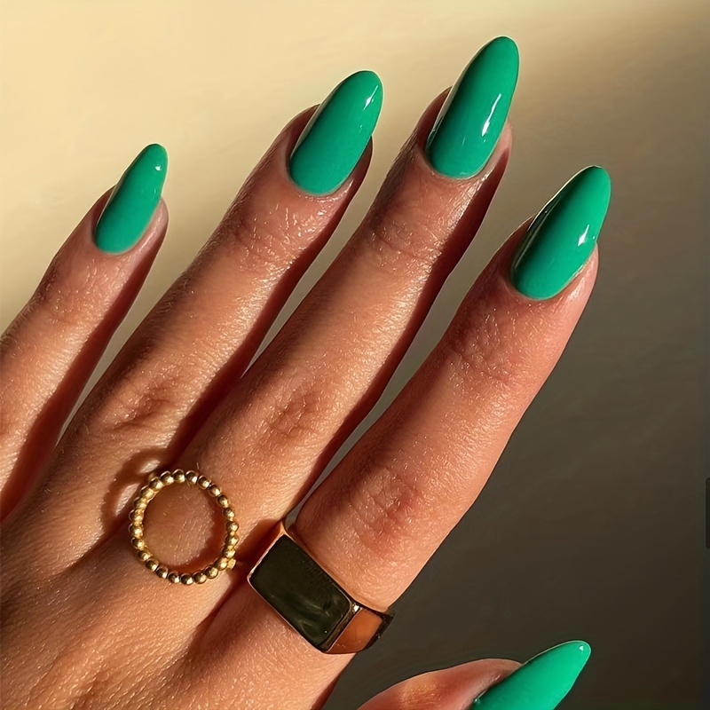 

Almond Press On Nails, Medium Green Fake Nails, Glossy False Nails For Women And Girls, 24 Pcs