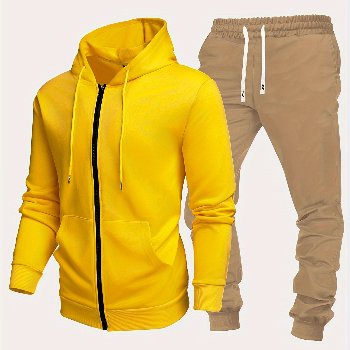 

2-piece Men's Spring Fall Workout Outfit Set, Men's Solid Drawstring Long Sleeve Zip Up Hooded Jacket & Drawstring Sweatpants Set