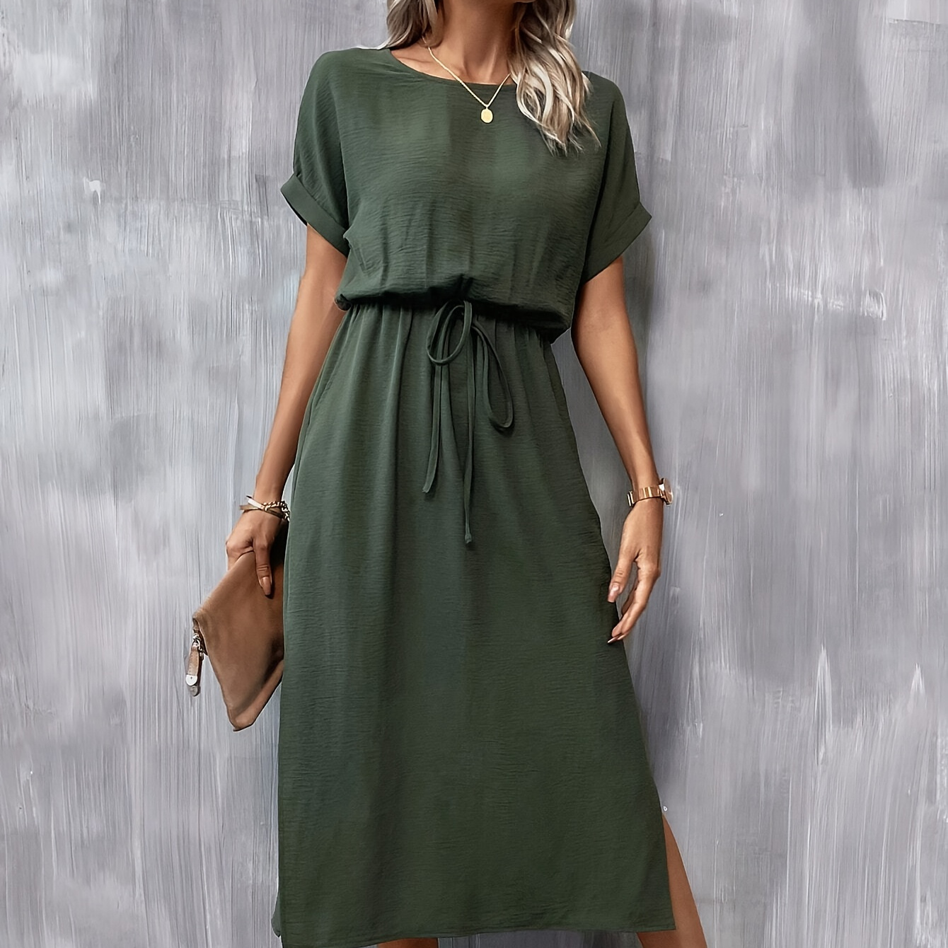 

Tie Waist Crew Neck Split Hem Dress, Young Crew Neck Short Sleeve Dress For Spring & Summer, Women's Clothing