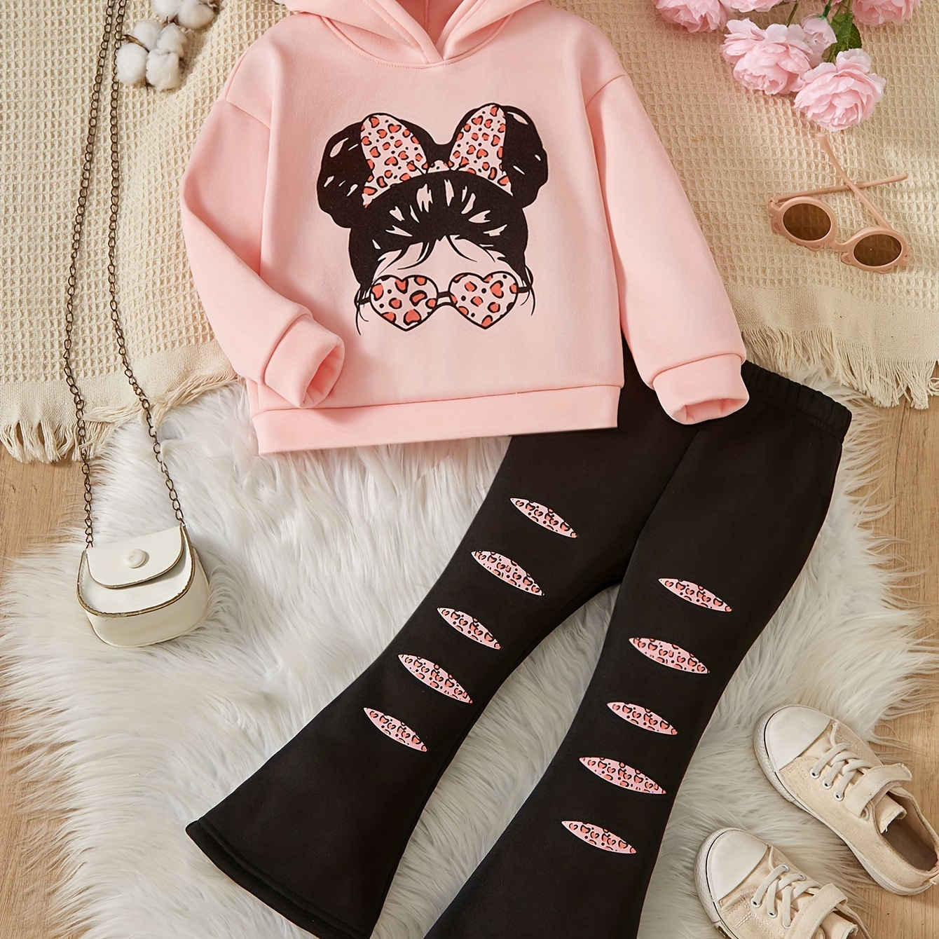 

1 Set, Girl's Sweet Print Long-sleeve Thermal Lined Hoodie + Flared Pants - And - Spring & Fall Clothes, Gift