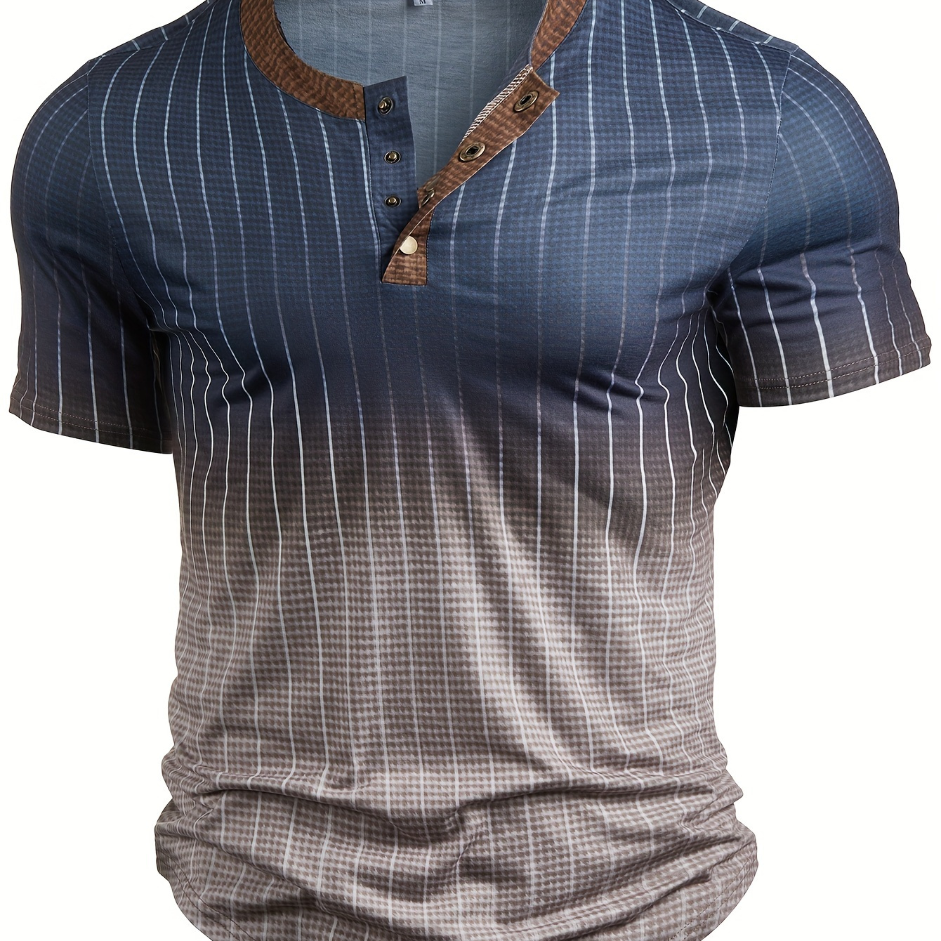 

Line Pattern Men's Vintage Short Sleeve Button Up Henley Shirt, Summer Daily