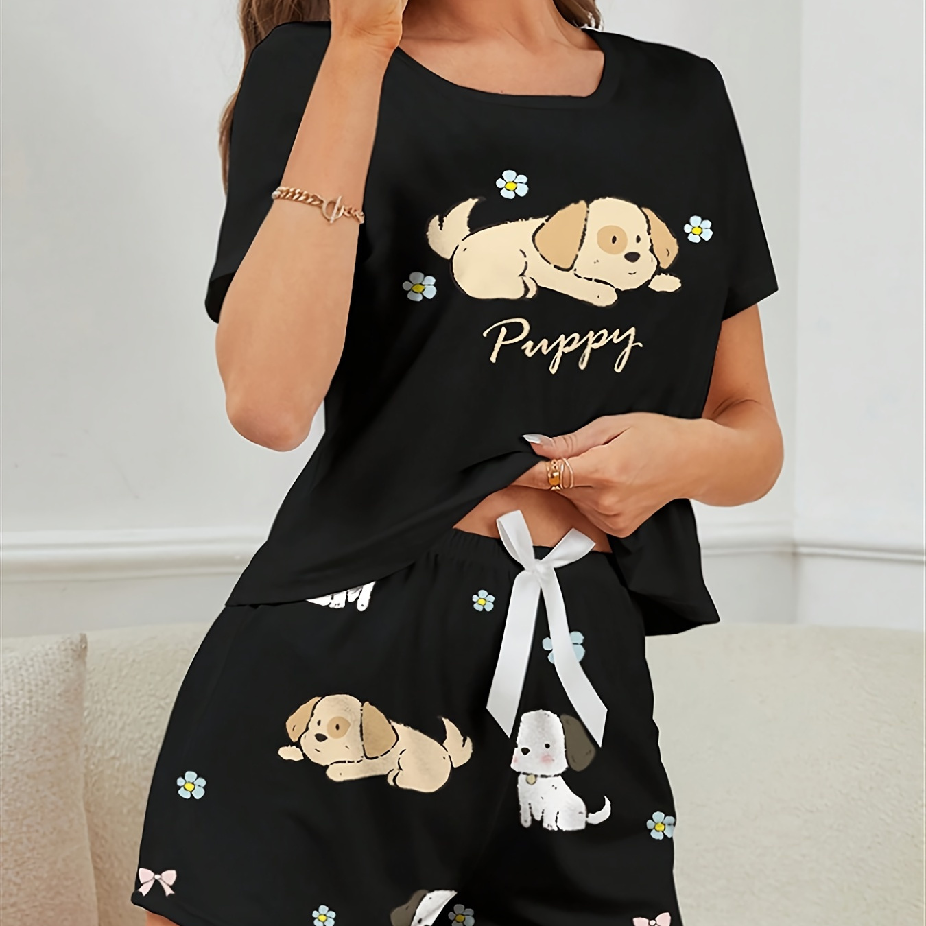 

Women's Cute Cartoon Puppy Print Pajama Set, Short Sleeve Round Neck Top & Shorts, Comfortable Relaxed Fit