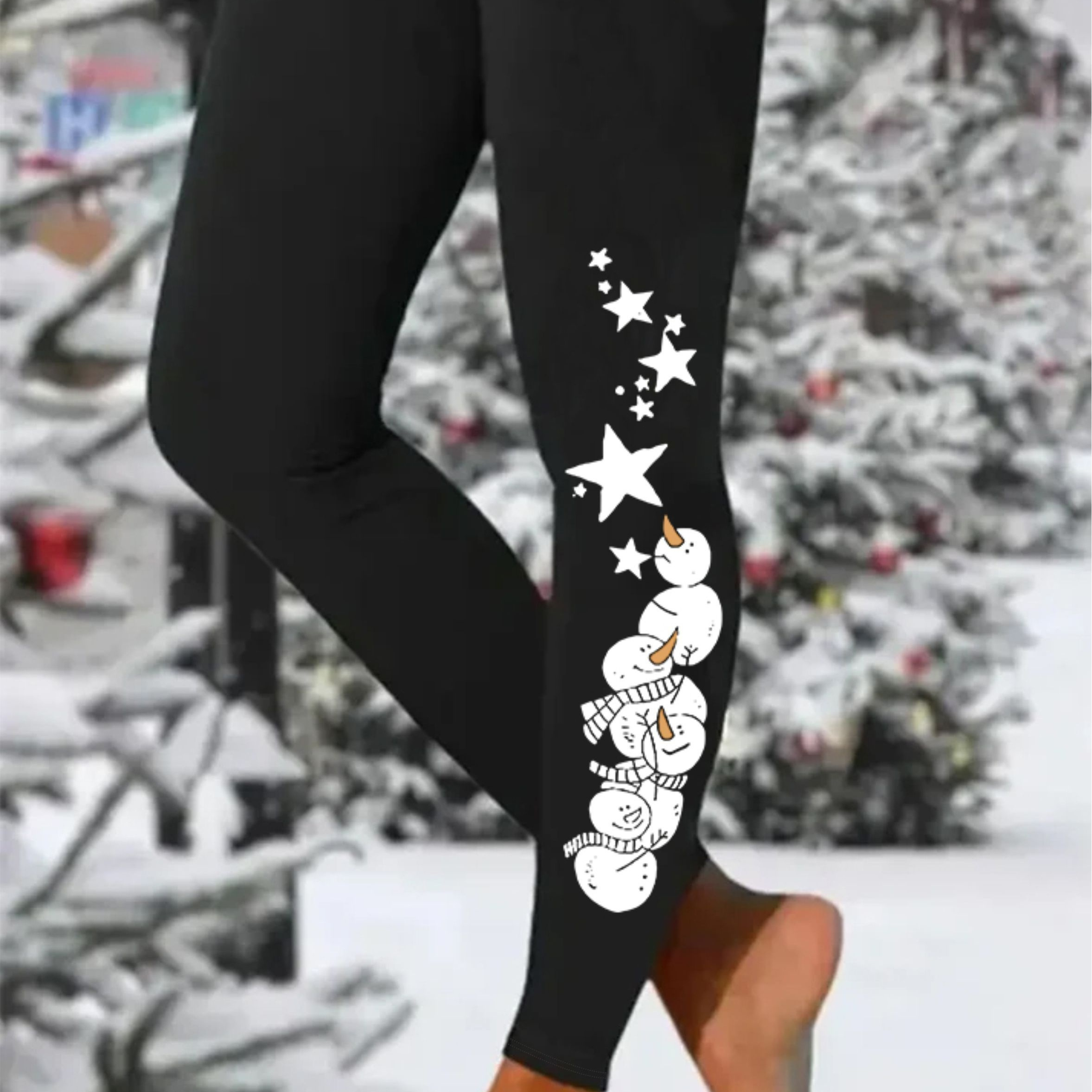 

Holiday Themed Christmas Print High-waisted Leggings, Casual Tight Pants With Geometric Snowman Design, Polyester Knit Fabric, Adult Basics