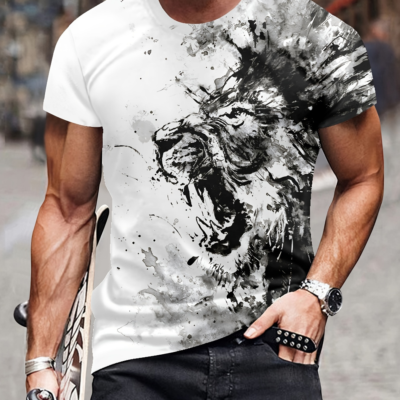 

Men's Lion Print T-shirt, Casual Short Sleeve Crew Neck Tee, Men's Clothing For Outdoor