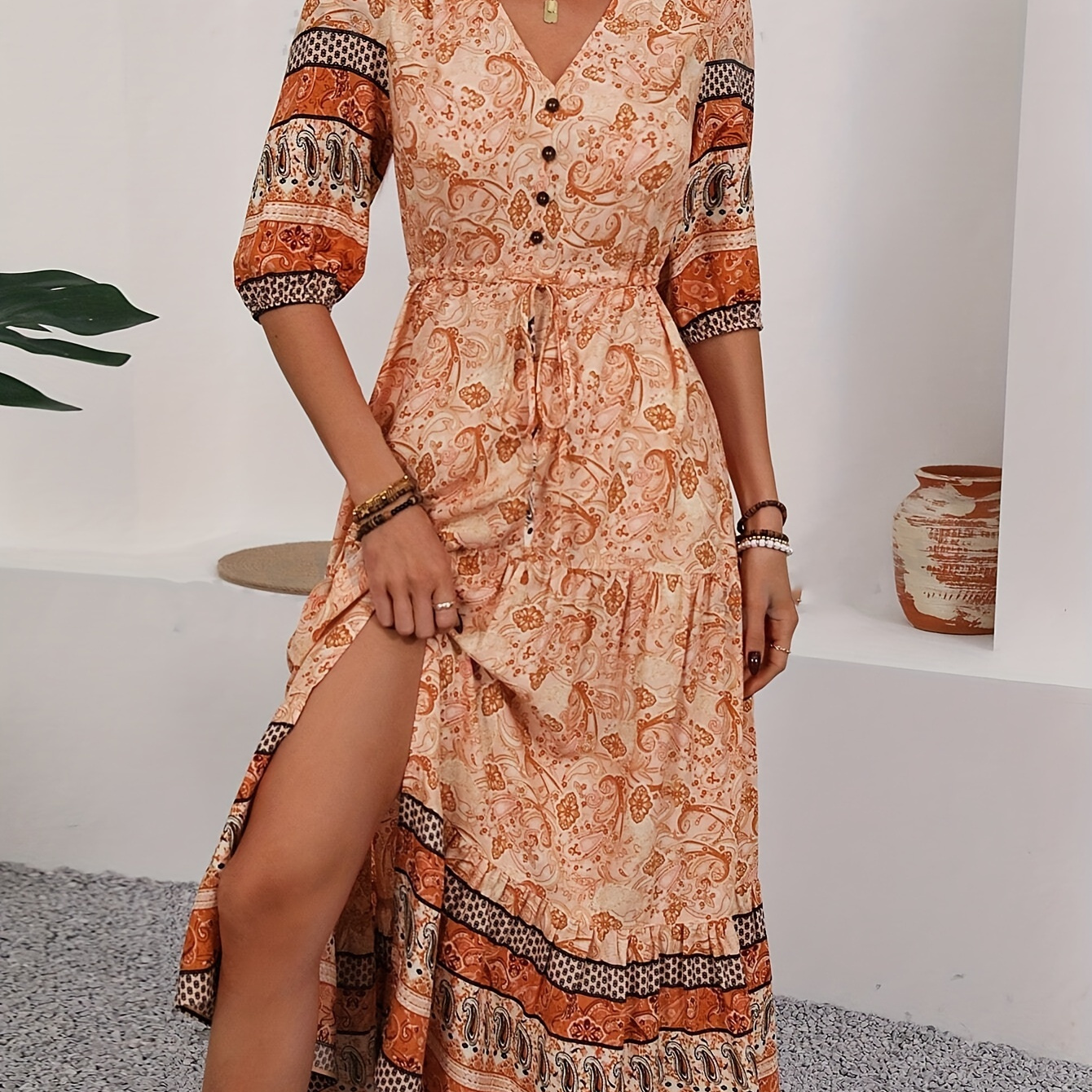 

Paisley Print V Neck Dress, Vacation Style Ruffle Hem Half Sleeve Dress For Spring & Summer, Women's Clothing