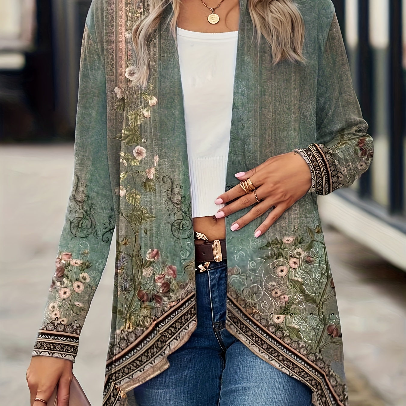 

Floral Print Open Front Cardigan, Casual Long Sleeve Outwear, Women's Clothing