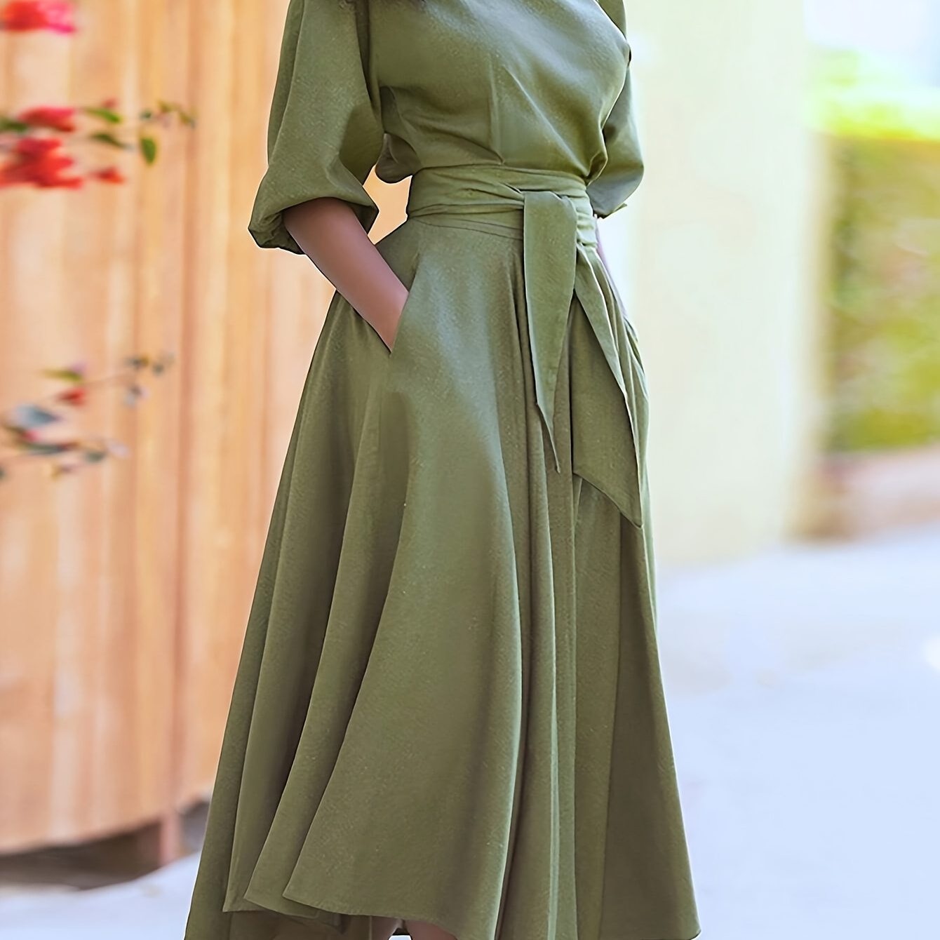 

Solid Color Slant Shoulder Belted Dress, Elegant Asymmetrical Ruffle Hem Dress For Spring & Fall, Women's Clothing