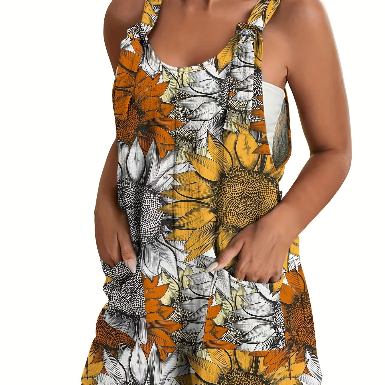 

Plus Size Casual Romper, Women's Plus Sunflower Print Tie Front Tank Overall Jumpsuit With Pockets