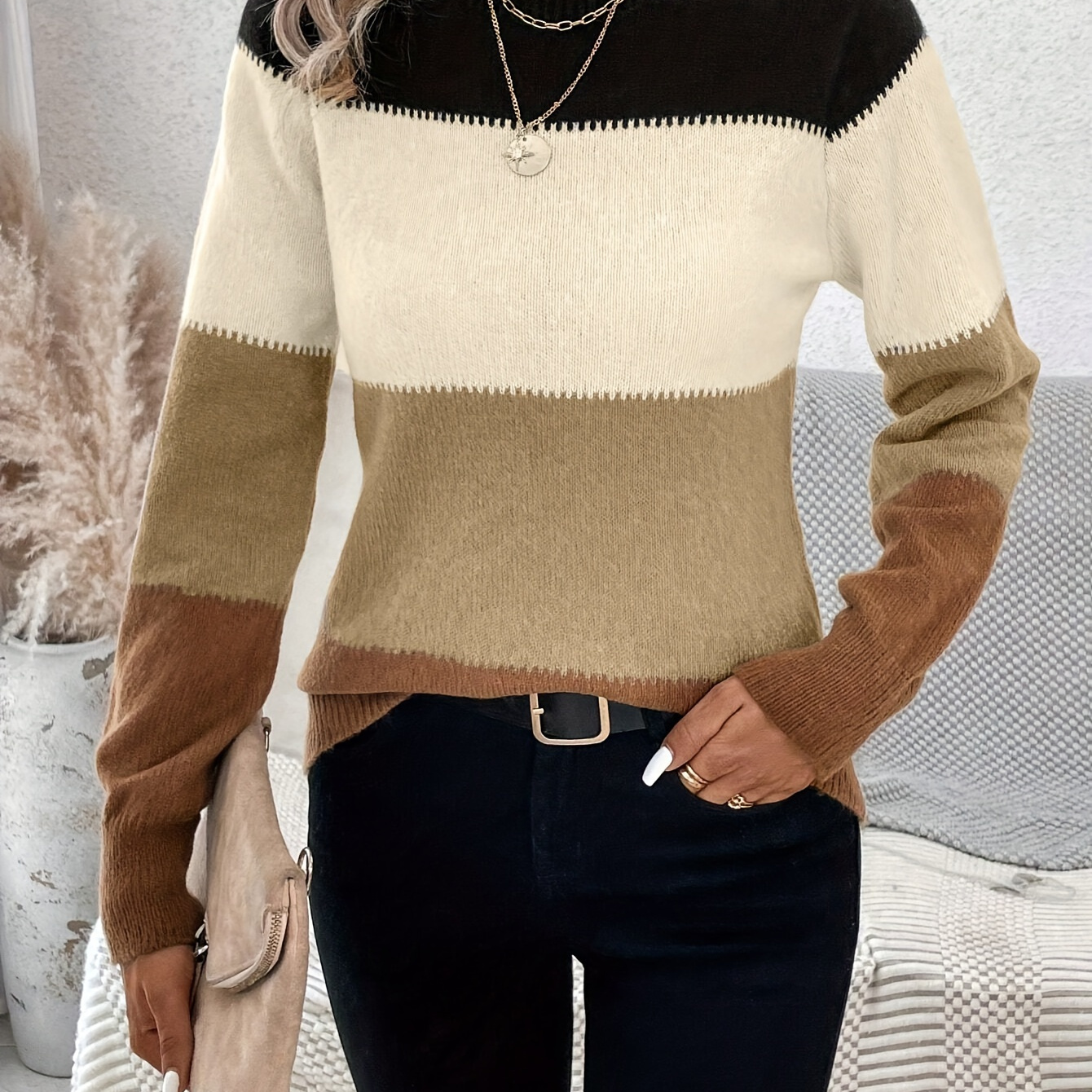 

Color Block Mock Neck Sweater, Casual Long Sleeve Sweater For Fall & Winter, Women's Clothing