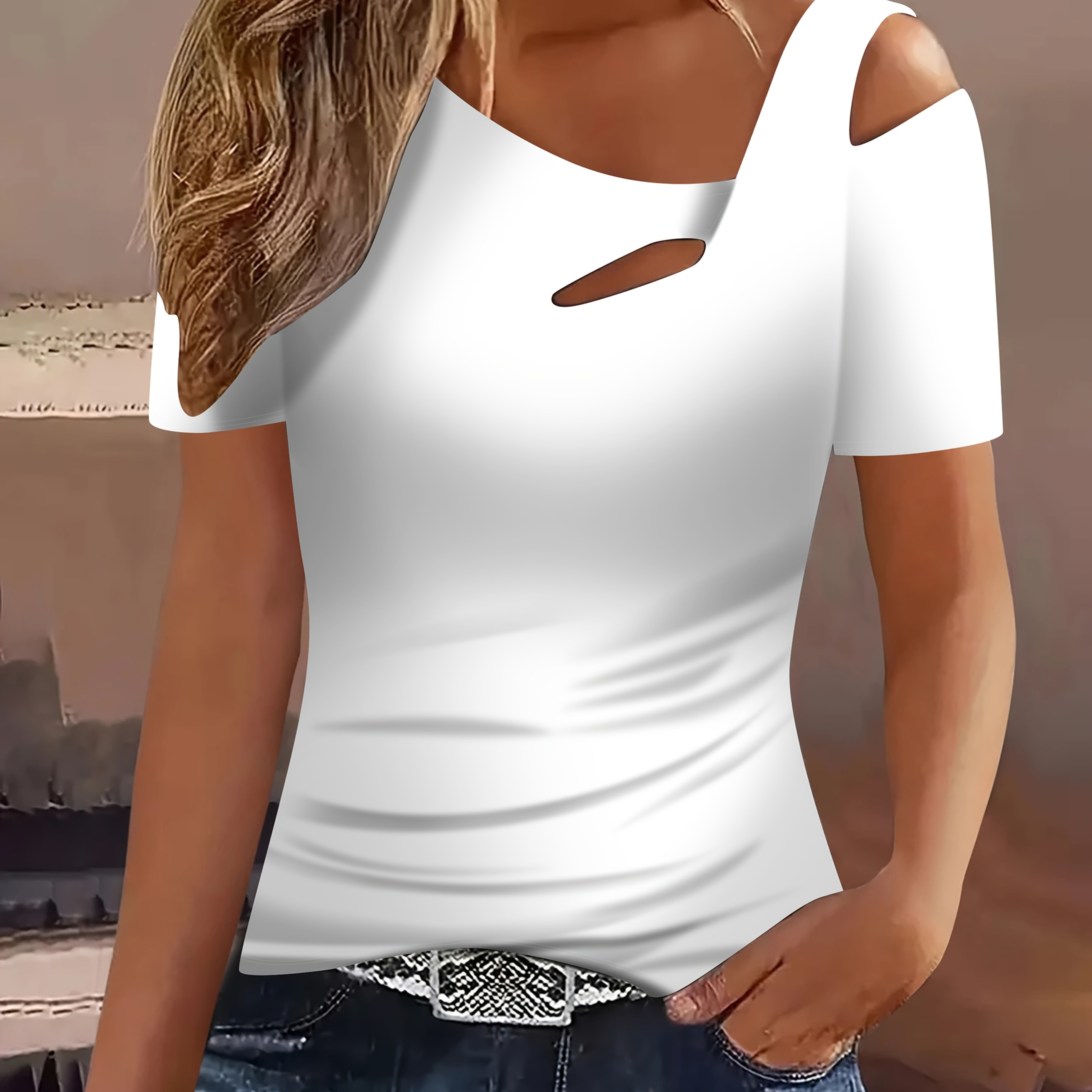 【COLOR iN ID】Shui off-shoulder ribbon T-shirt Hontri Plus Size Tops, Women's Casual Off Shoulder Shoulder