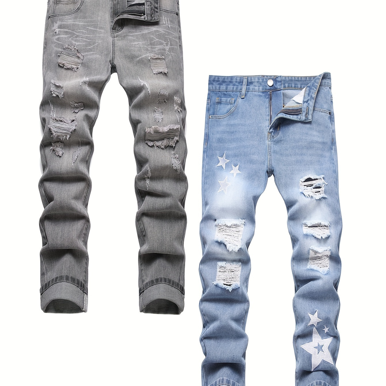 

2 Packs Of Men's Grey Ripped Edge Washed + Embroidery Slim Fit Jeans Casual Straight Slim Pants 2 Pieces Christmas Gifts