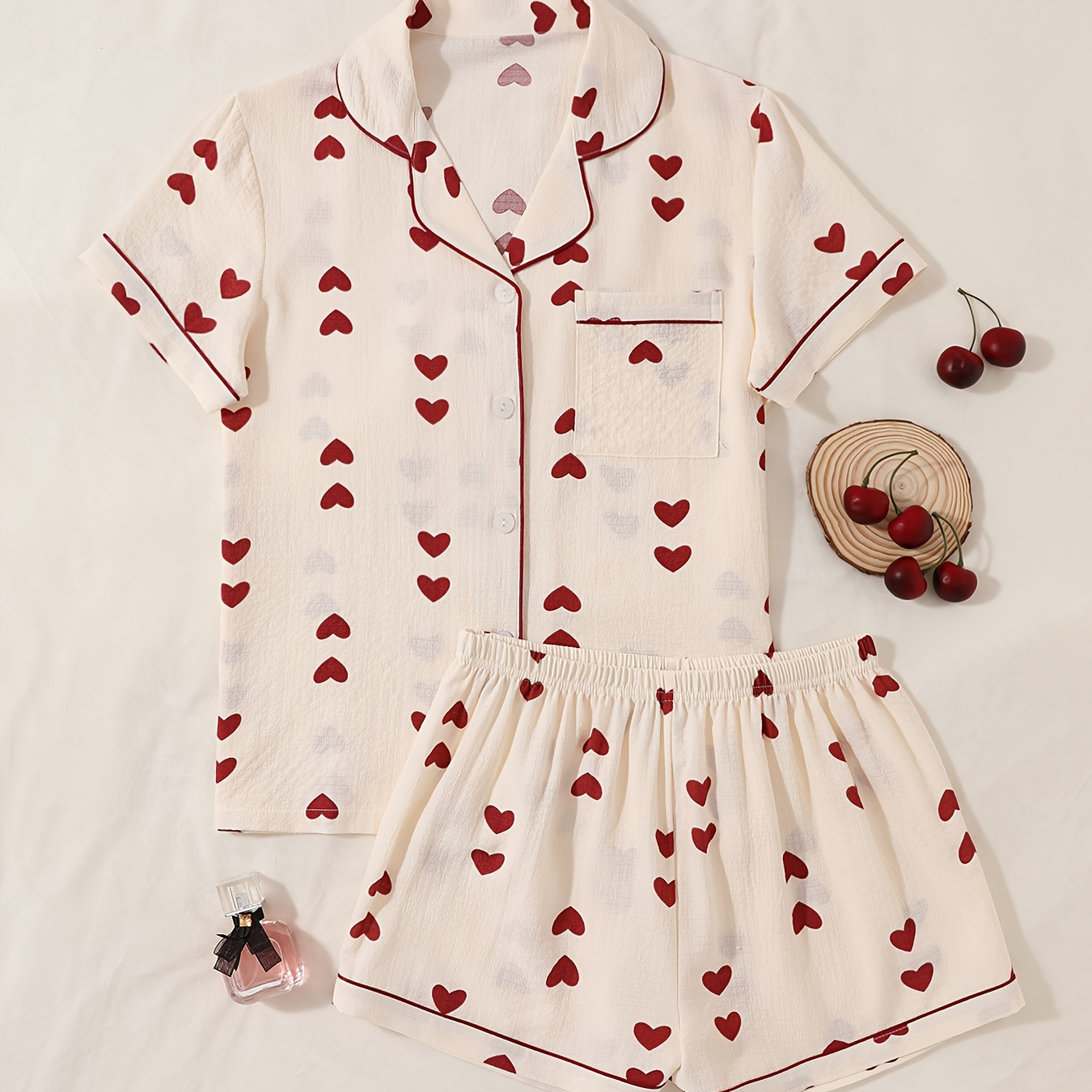 

Heart Print Textured Pajama Set, Casual Short Sleeve Buttons Lapel Top & Elastic Shorts, Women's Sleepwear