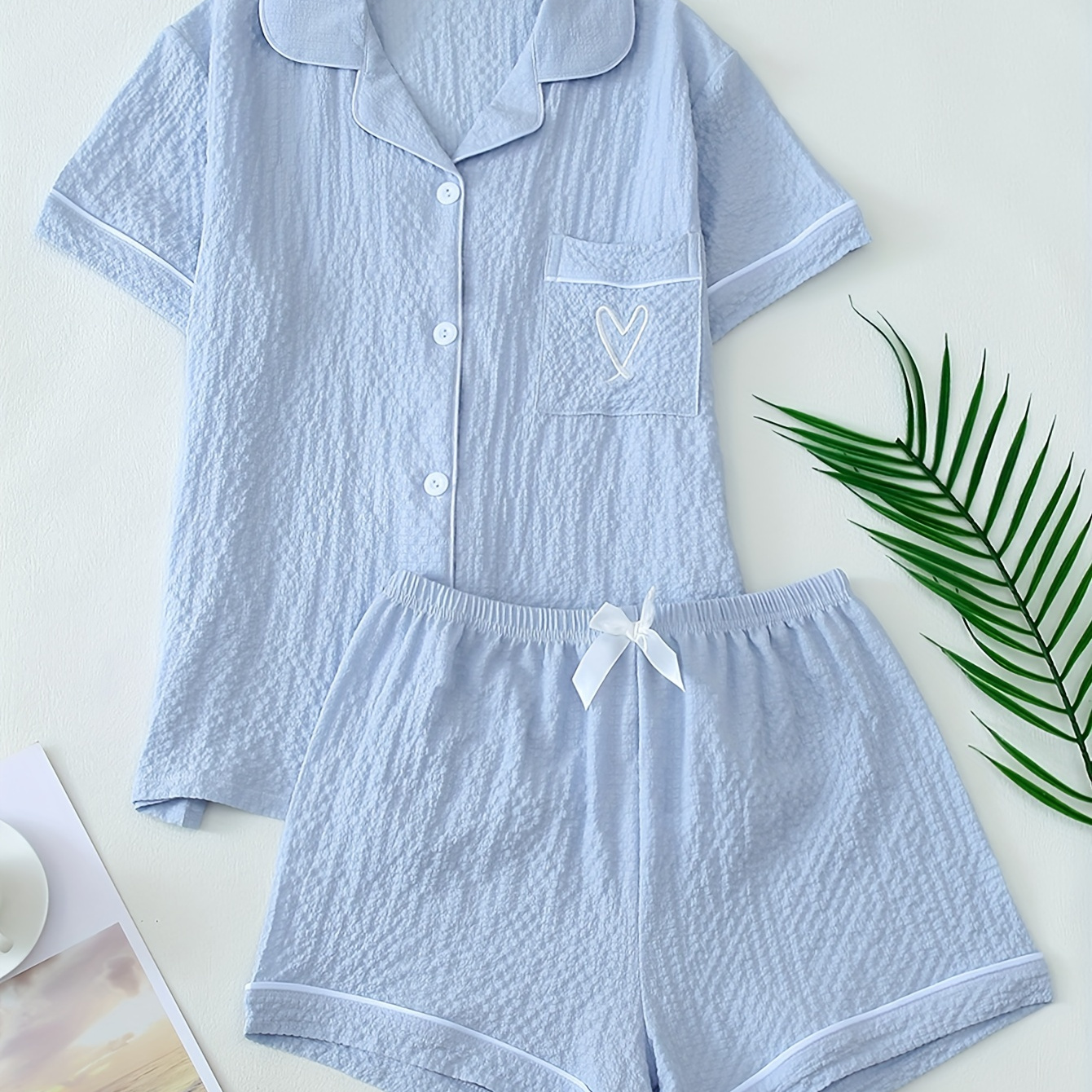 

2pcs Women's Casual Pajama Set, Blue With Heart Embroidery, Short Sleeve Top With Lapel Collar And Shorts, Polyester And Spandex , Woven , Spring/summer/fall Sleepwear