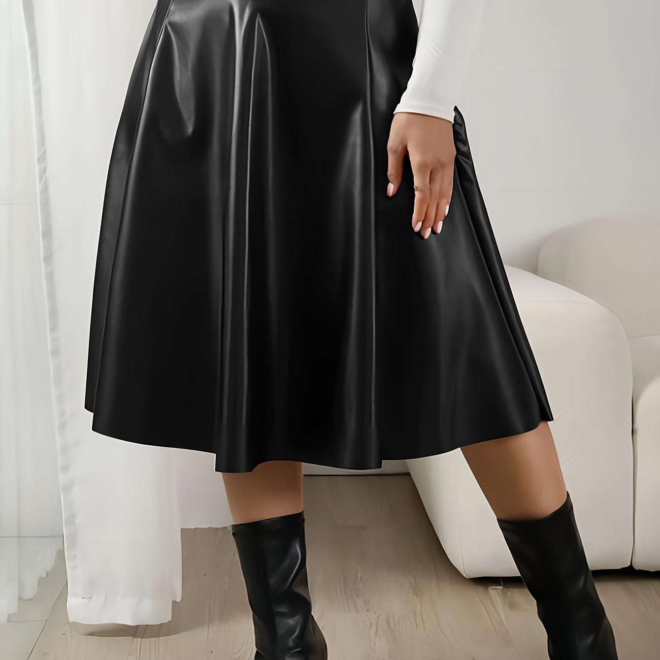 

Elegant High-waist Leather Midi Skirt For Women - Chic A-line, , Fall/winter, Stretchy Polyester , Non-transparent