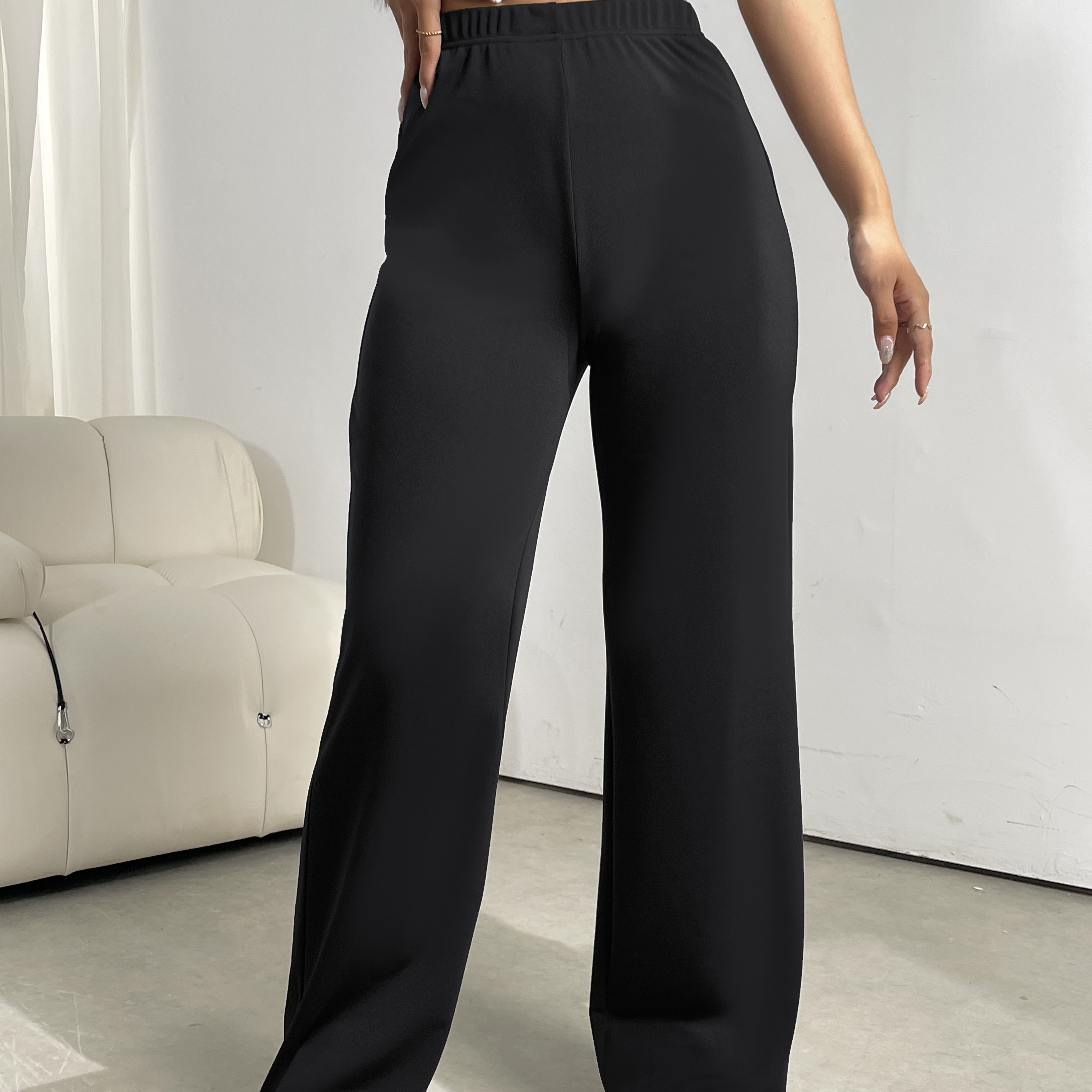 

Solid Color Straight Leg Pants, Elegant Loose High Waist Knitted Pants For Spring & Summer, Women's Clothing