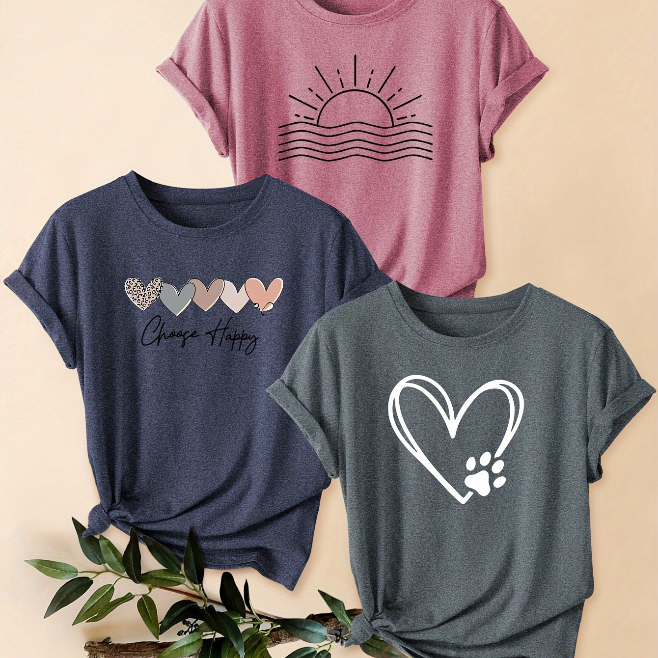 

3pcs Women's Hearts Graphic Tee, Vintage & Casual Sports Top, Round Neck Short Sleeve T-shirt