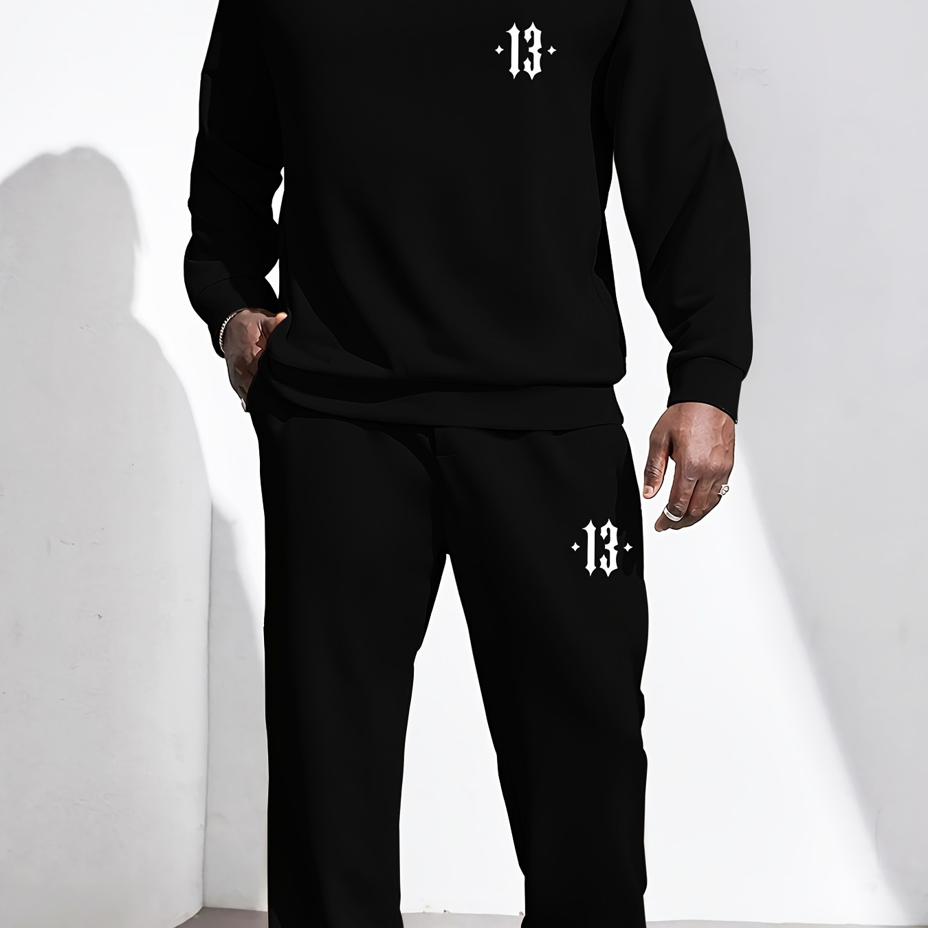 

Men's Creative Symbol Print Round Neck Casual Outfit Set, 2 Pieces Long Sleeve Pullover Sweatshirt And Drawstring Sweatpants