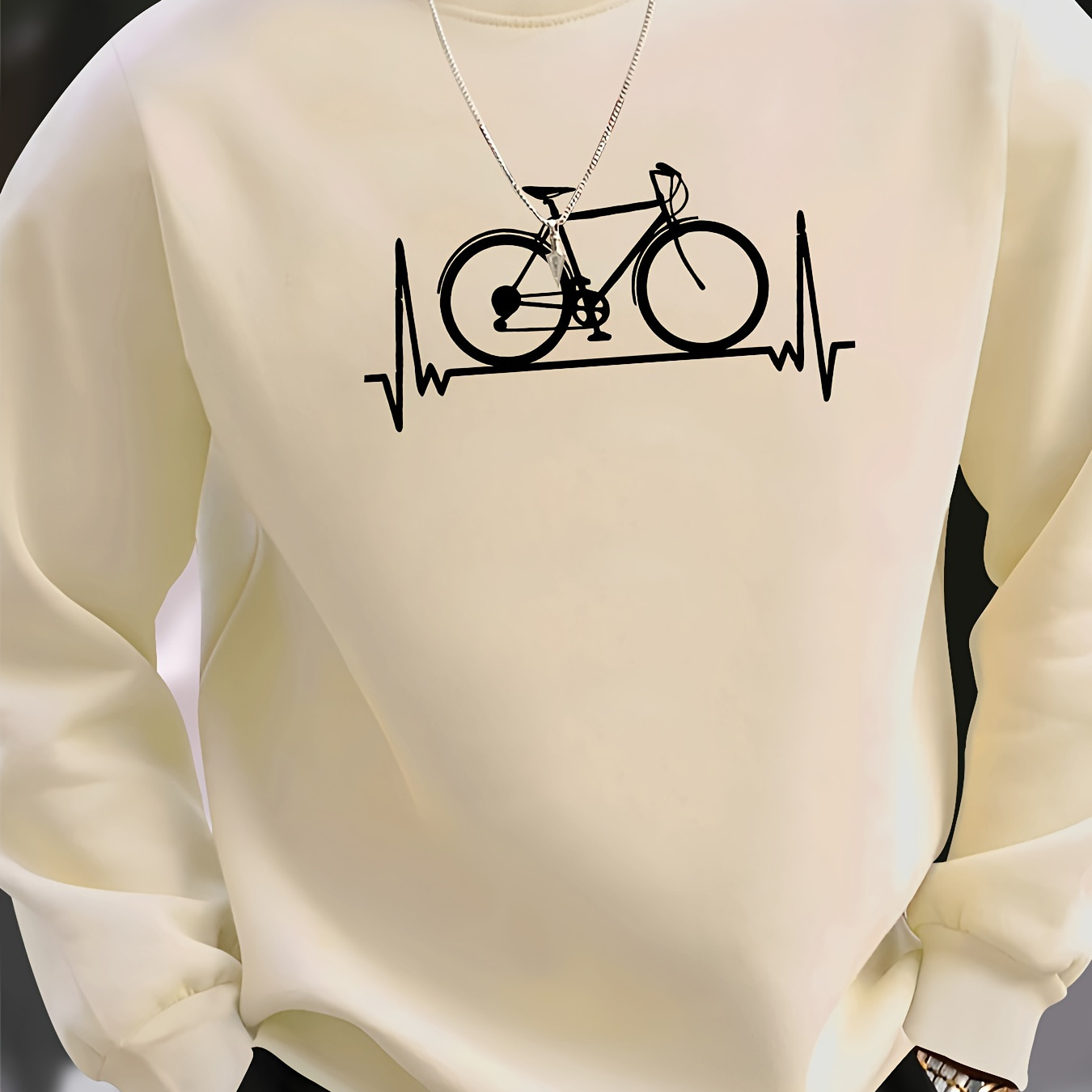 

Bike Print Fashionable Men's Casual Long Sleeve Crew Neck Pullover Sweatshirt, Suitable For Outdoor Sports, For Autumn Spring, Can Be Paired With Necklace, As Gifts